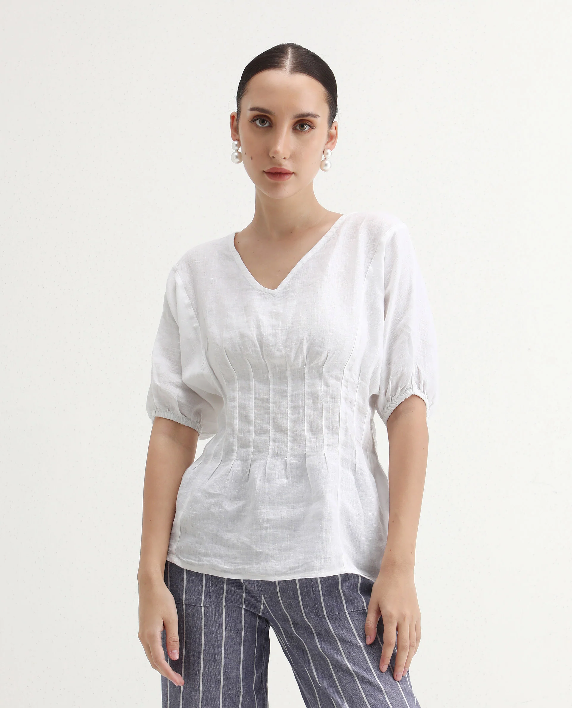 Rareism Women's Perdue White Linen V-Neck Plain Puff Sleeves Regular Fit Top - Image 3