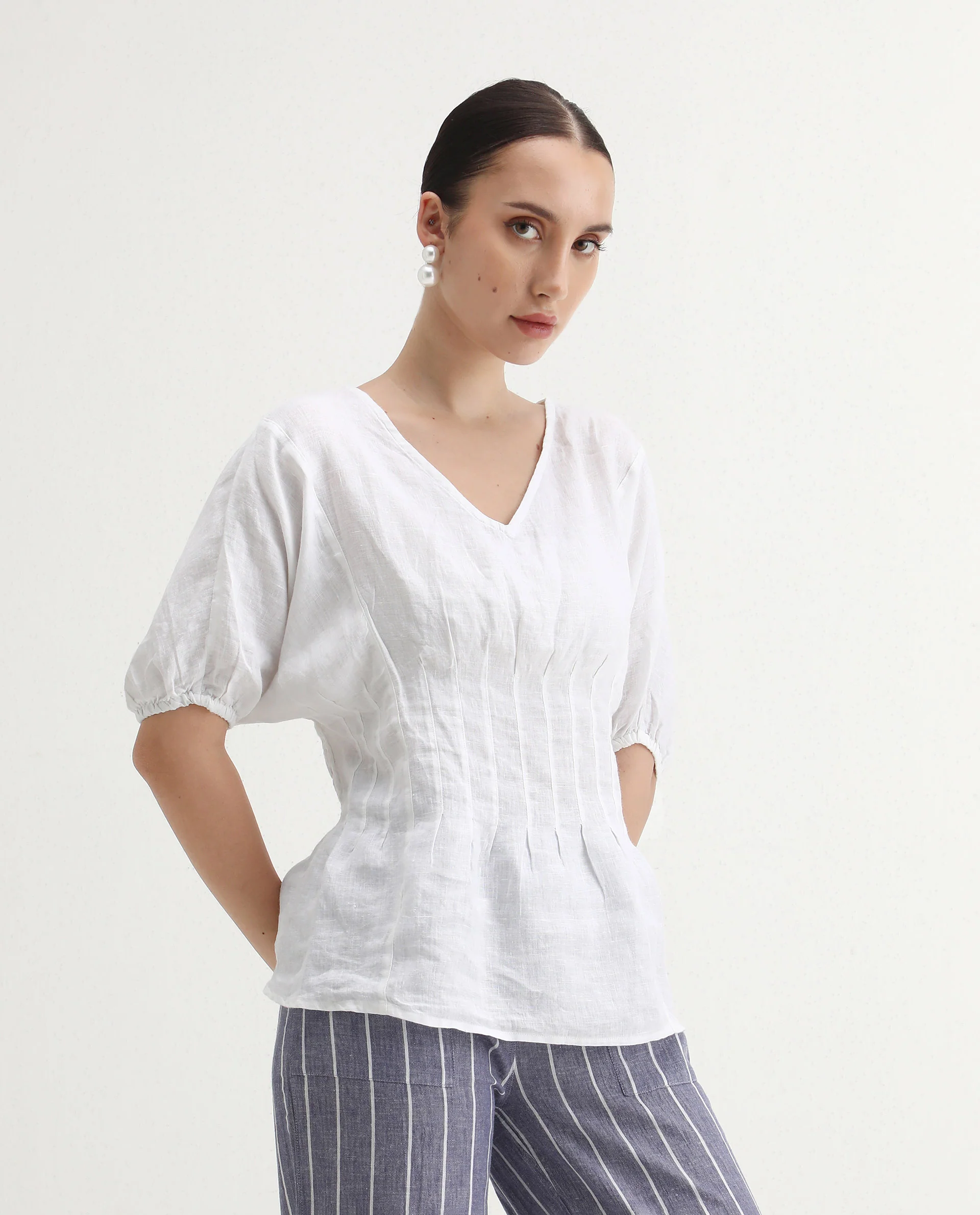 Rareism Women's Perdue White Linen V-Neck Plain Puff Sleeves Regular Fit Top - Image 7