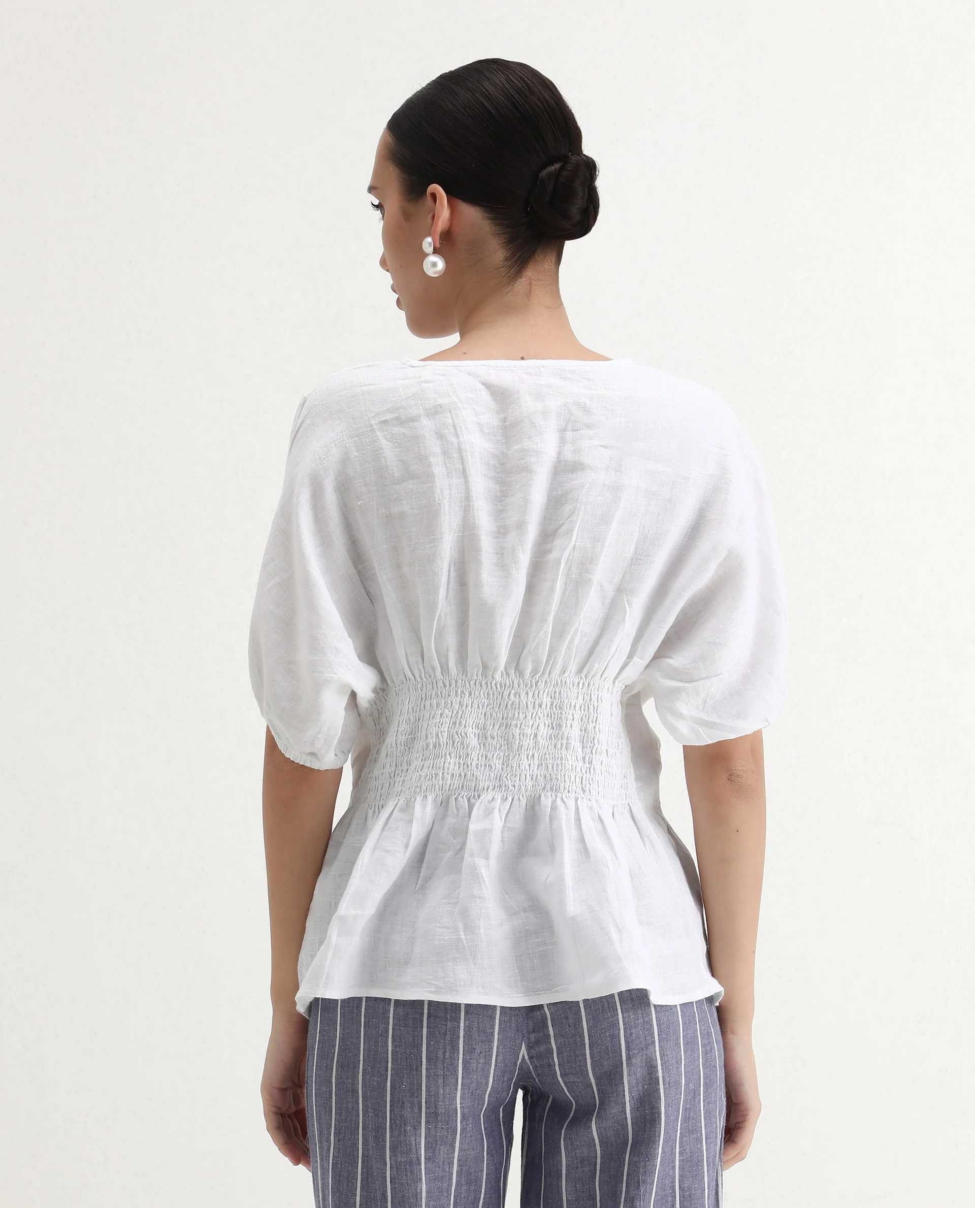 Rareism Women's Perdue White Linen V-Neck Plain Puff Sleeves Regular Fit Top - Image 8