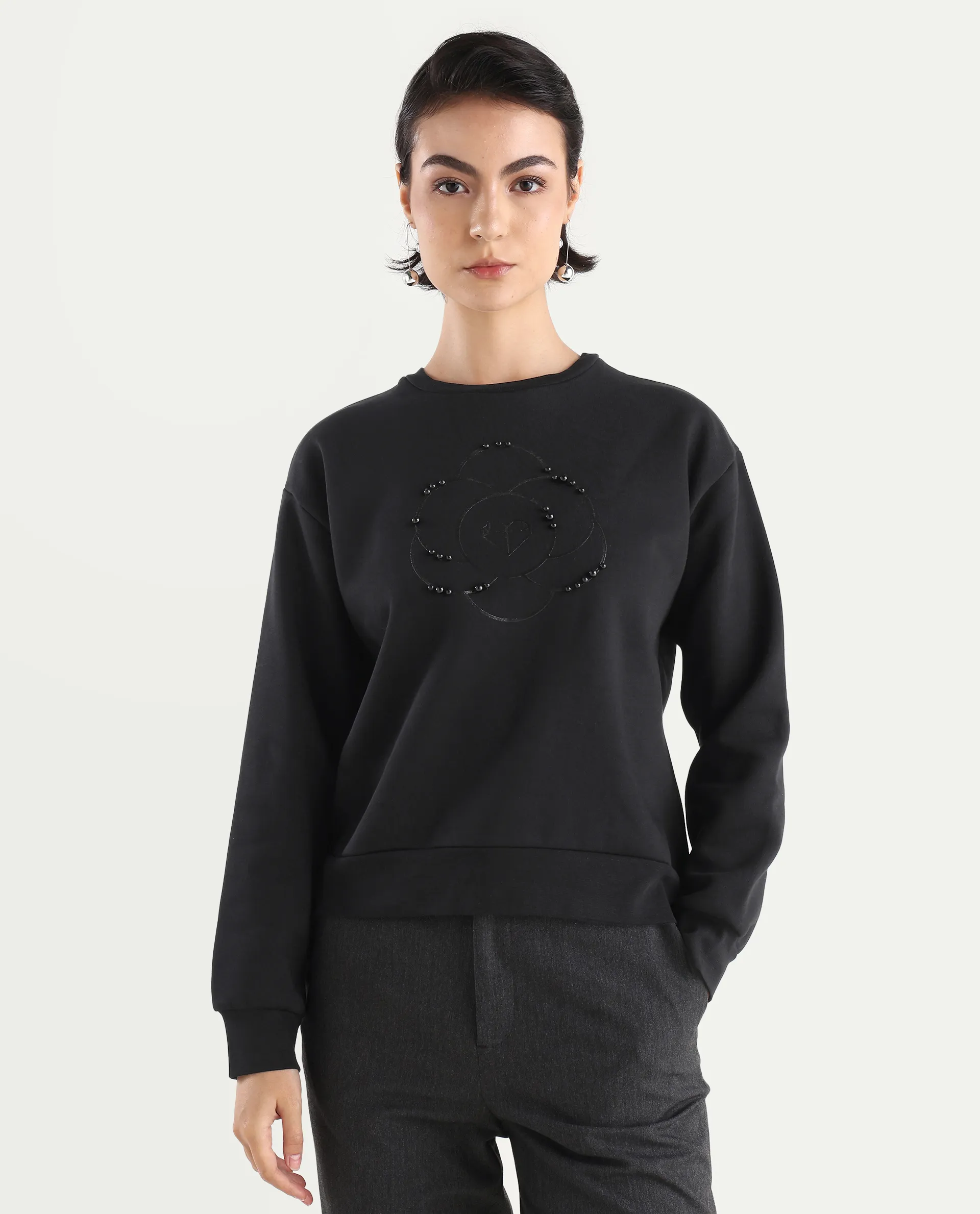 Rareism Women's Pere Black Cotton Blend Crew Neck Graphic Print Relaxed Fit Sweatshirt - Image 3
