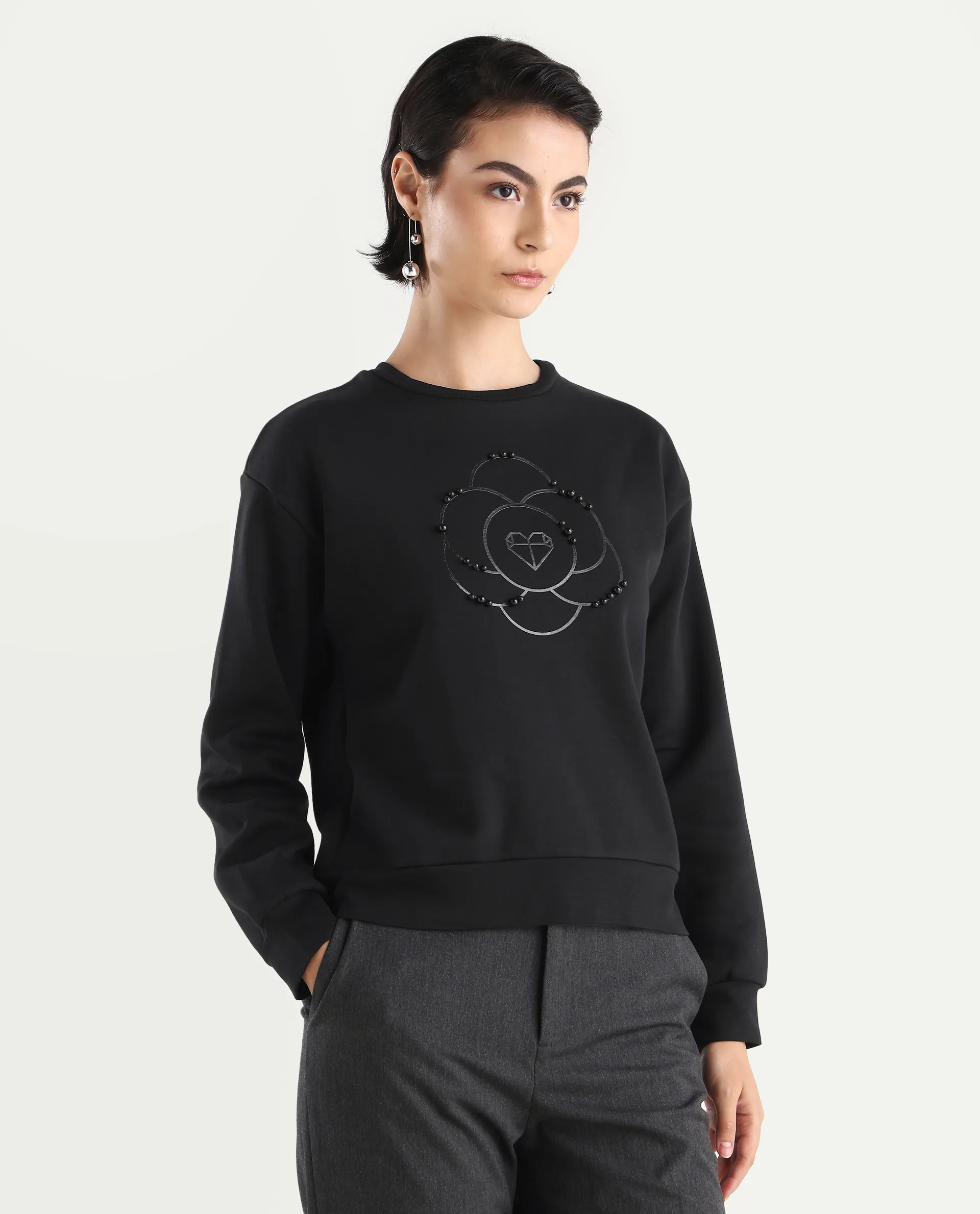 Rareism Women's Pere Black Cotton Blend Crew Neck Graphic Print Relaxed Fit Sweatshirt - Image 4