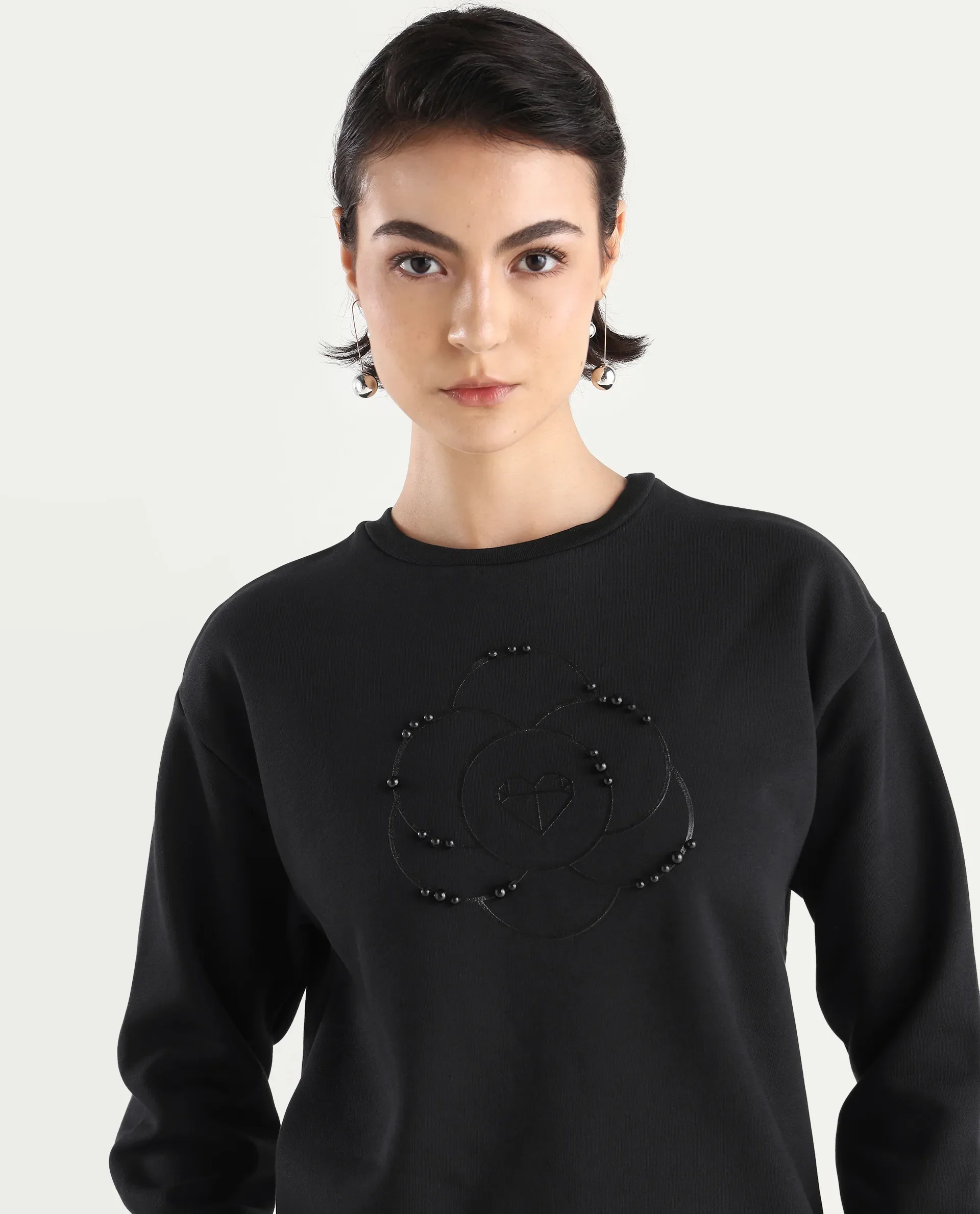 Rareism Women's Pere Black Cotton Blend Crew Neck Graphic Print Relaxed Fit Sweatshirt - Image 5