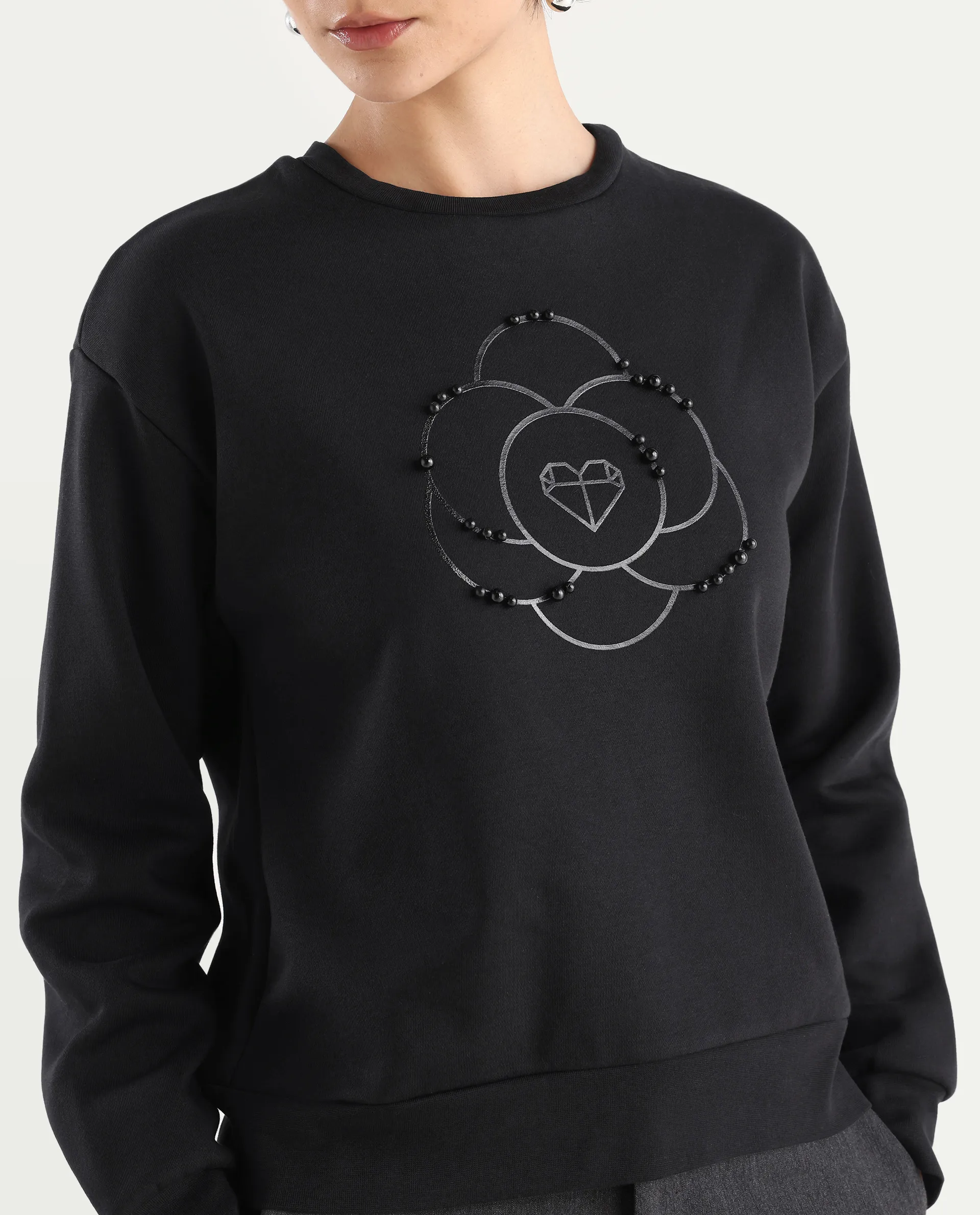 Rareism Women's Pere Black Cotton Blend Crew Neck Graphic Print Relaxed Fit Sweatshirt - Image 6