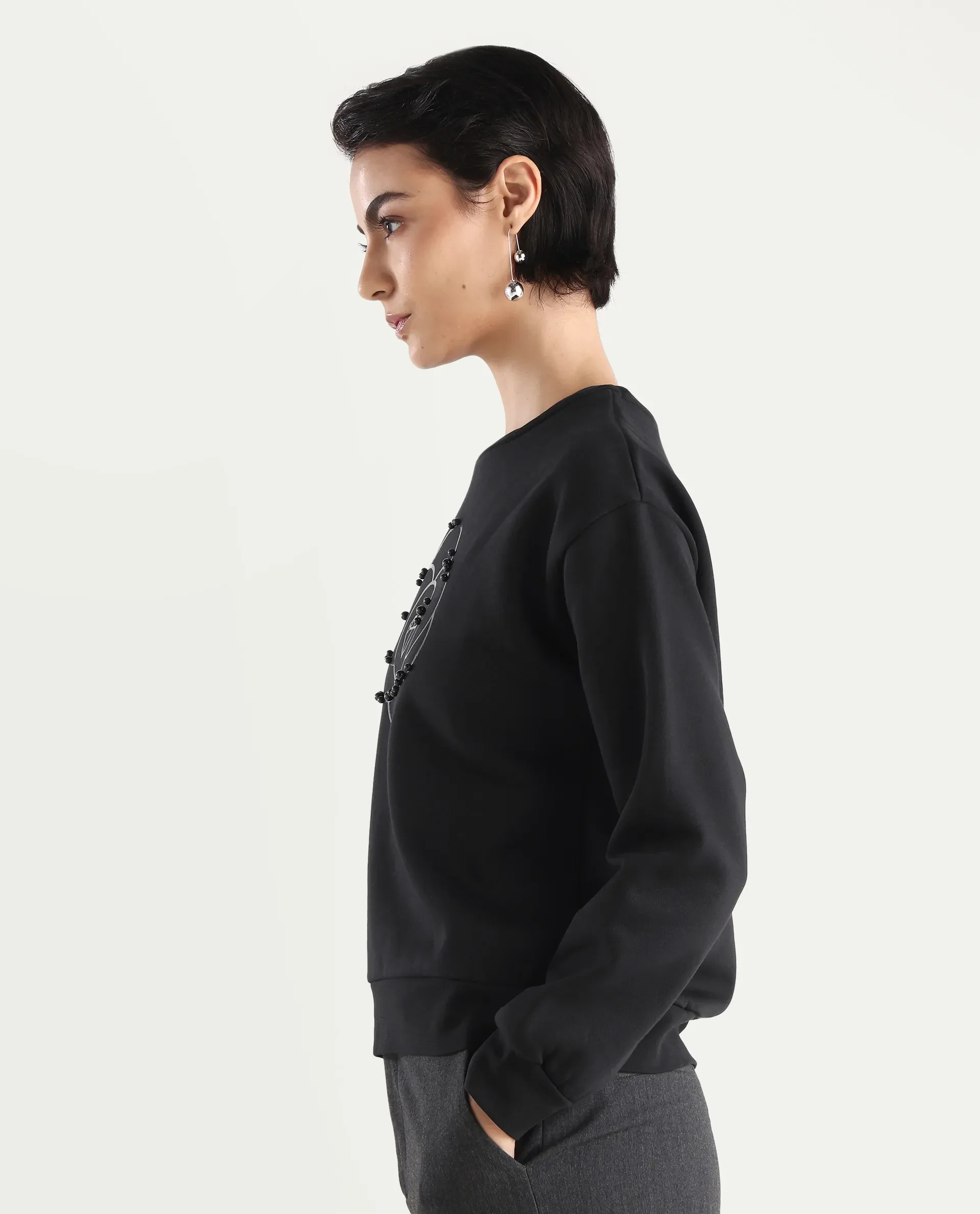 Rareism Women's Pere Black Cotton Blend Crew Neck Graphic Print Relaxed Fit Sweatshirt - Image 7