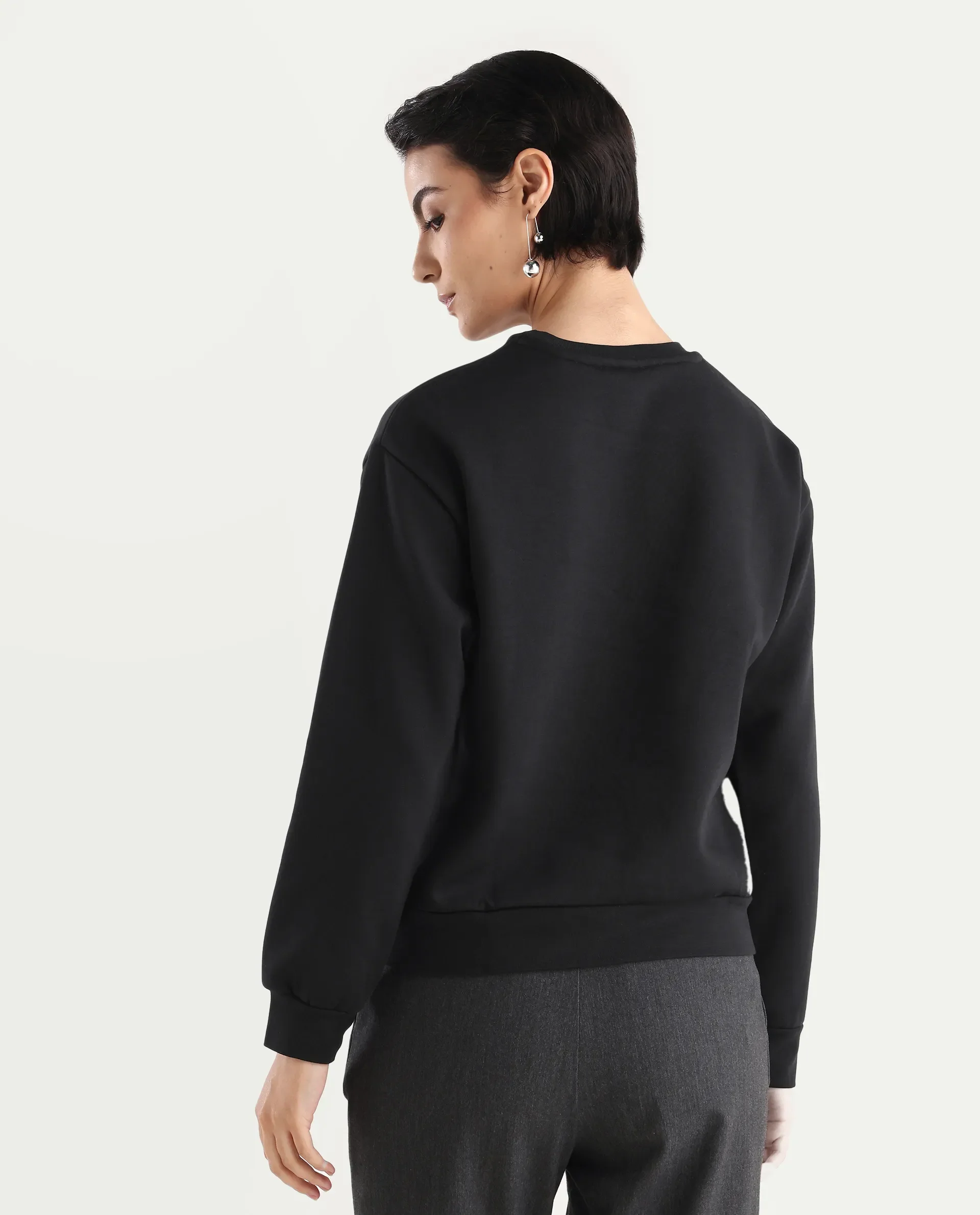 Rareism Women's Pere Black Cotton Blend Crew Neck Graphic Print Relaxed Fit Sweatshirt - Image 9