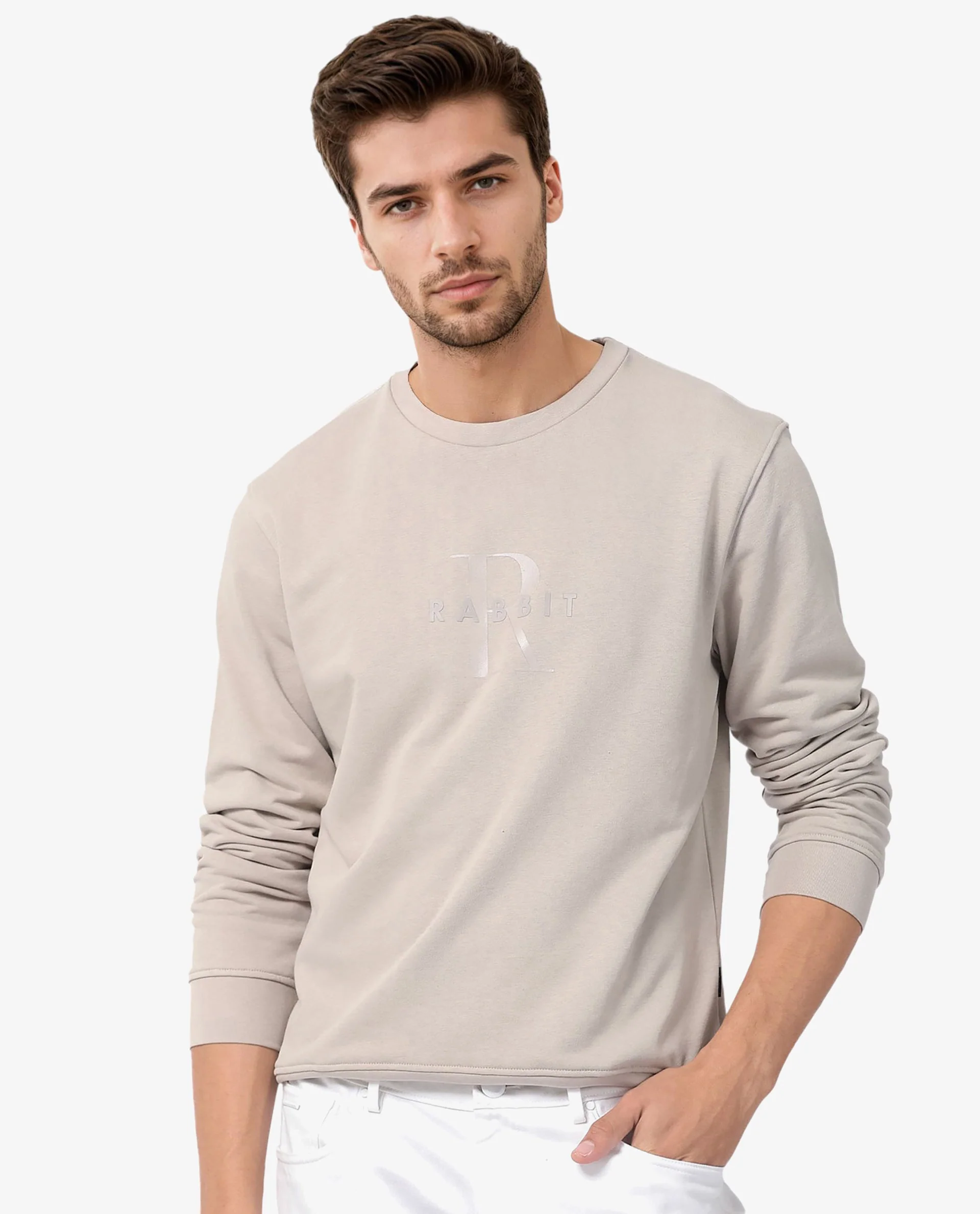 Rare Rabbit Men's Perez Beige Cotton Graphic Print Relaxed Fit Full Sleeve Crew Neck Sweatshirt