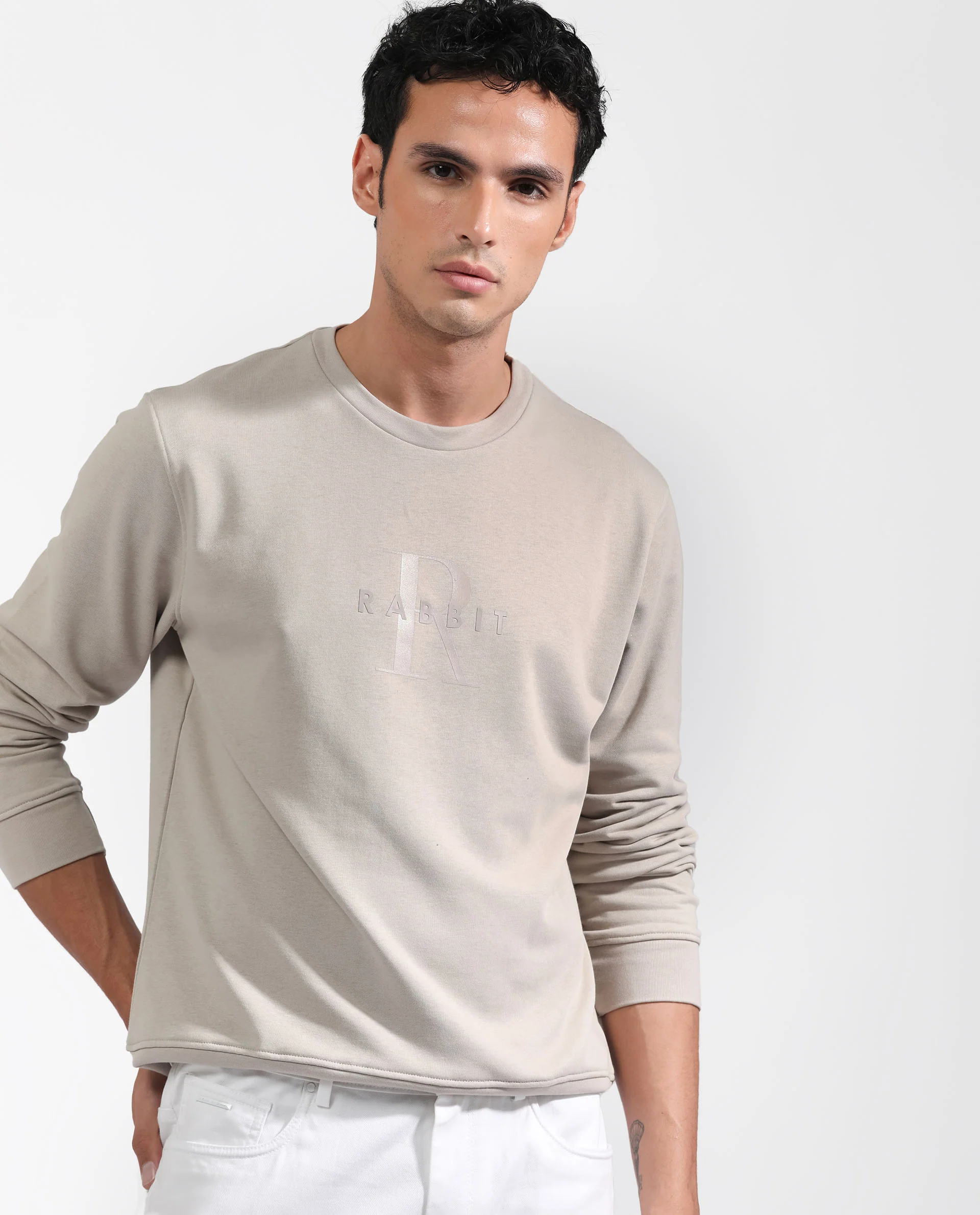 Rare Rabbit Men's Perez Beige Cotton Graphic Print Relaxed Fit Full Sleeve Crew Neck Sweatshirt - Image 2