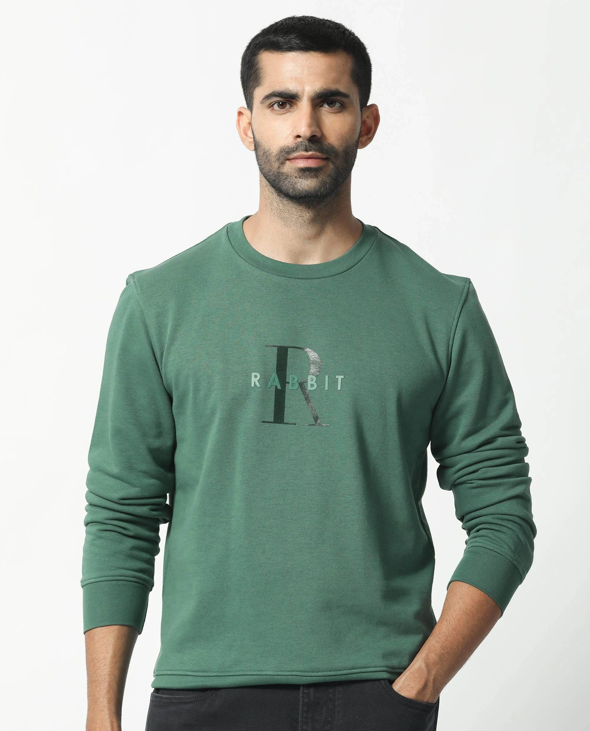 Rare Rabbit Men's Perez Green Cotton Graphic Print Relaxed Fit Full Sleeve Crew Neck Sweatshirt