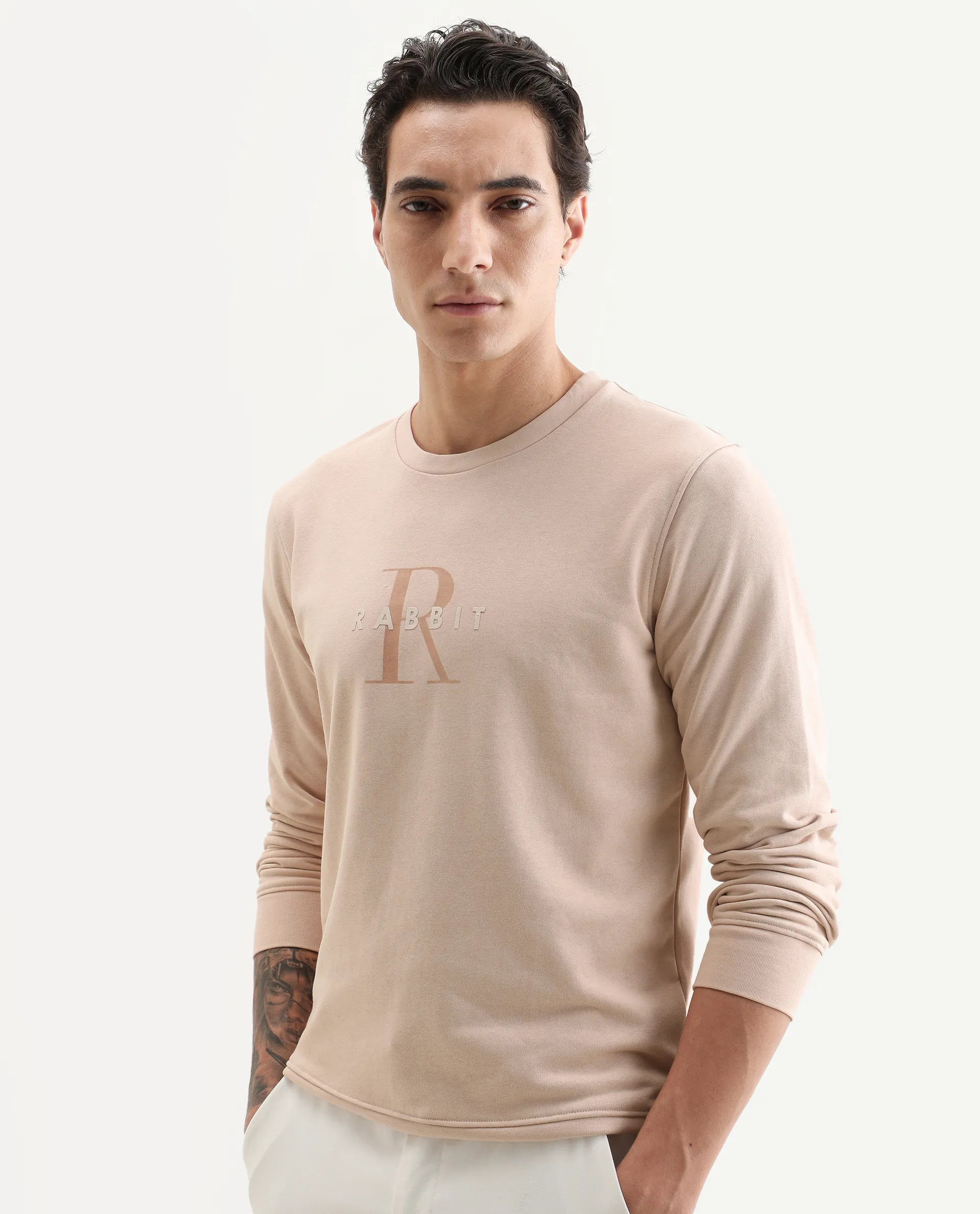 Rare Rabbit Men's Perez Peach Cotton Graphic Print Relaxed Fit Full Sleeve Crew Neck Sweatshirt