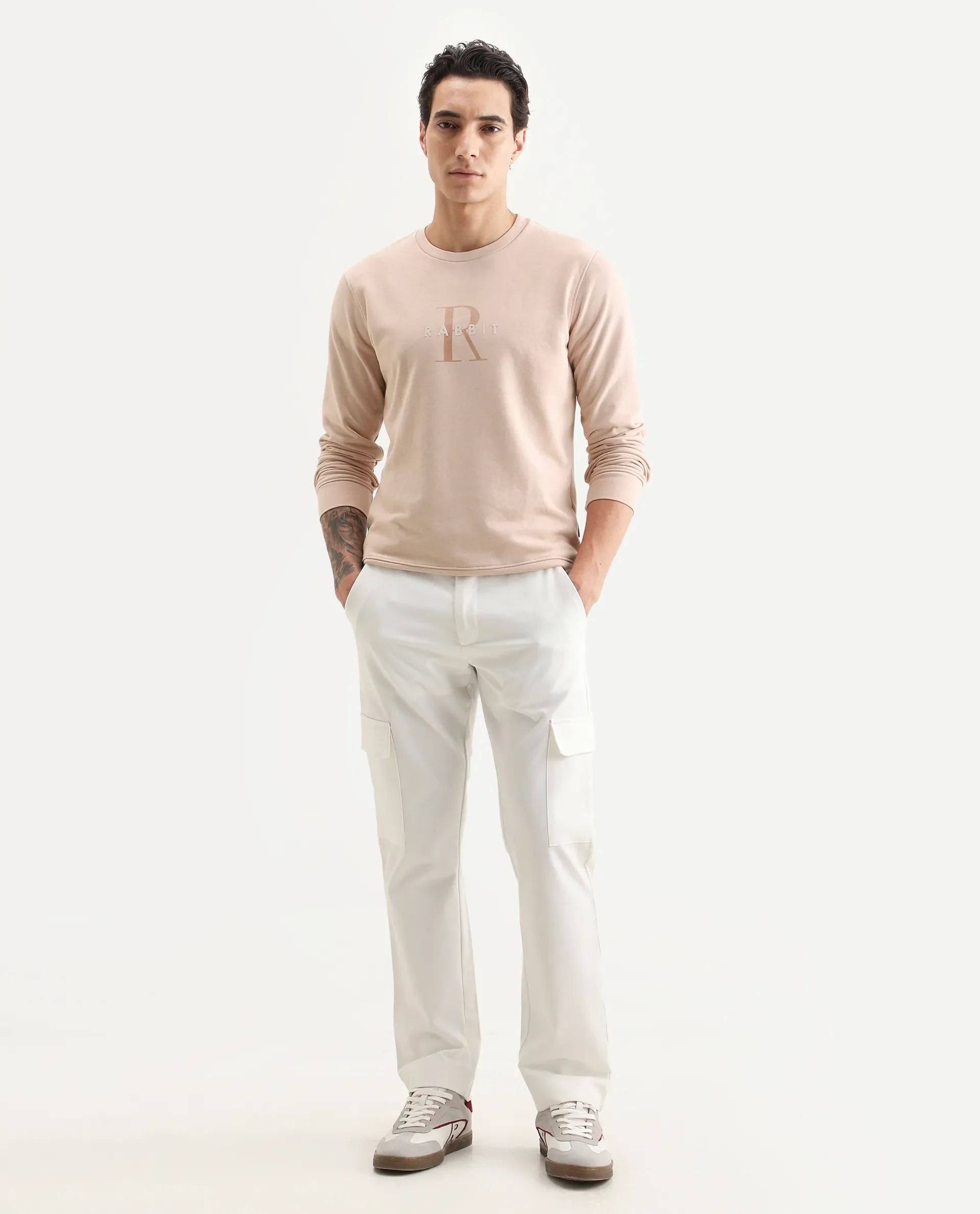 Rare Rabbit Men's Perez Peach Cotton Graphic Print Relaxed Fit Full Sleeve Crew Neck Sweatshirt - Image 2