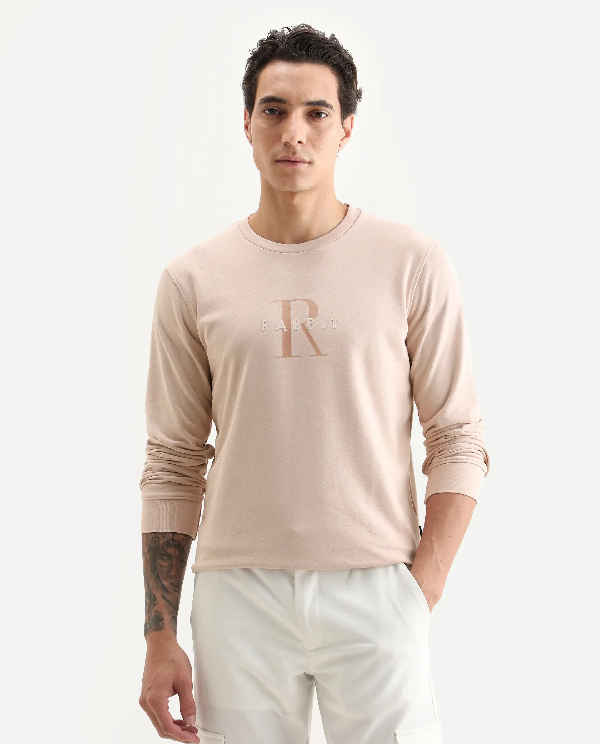 Rare Rabbit Men's Perez Peach Cotton Graphic Print Relaxed Fit Full Sleeve Crew Neck Sweatshirt - Image 3