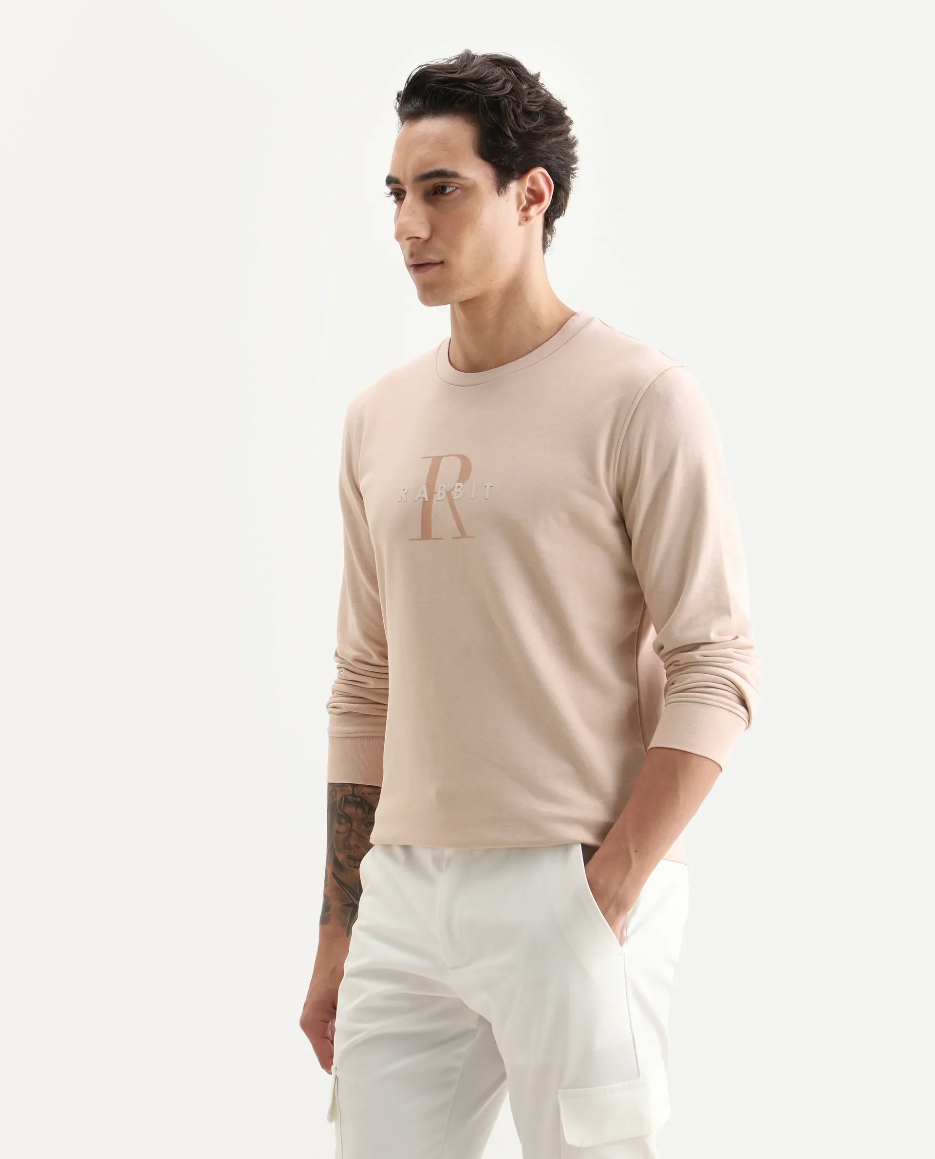Rare Rabbit Men's Perez Peach Cotton Graphic Print Relaxed Fit Full Sleeve Crew Neck Sweatshirt - Image 5