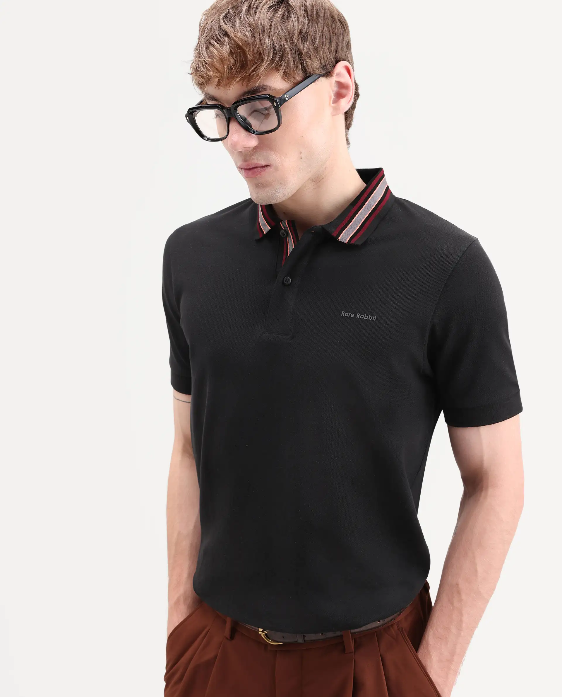 Rare Rabbit Men's Peri Black Cotton Blend Fabric Half Sleeve Spread Collar Regular Fit Plain Polo