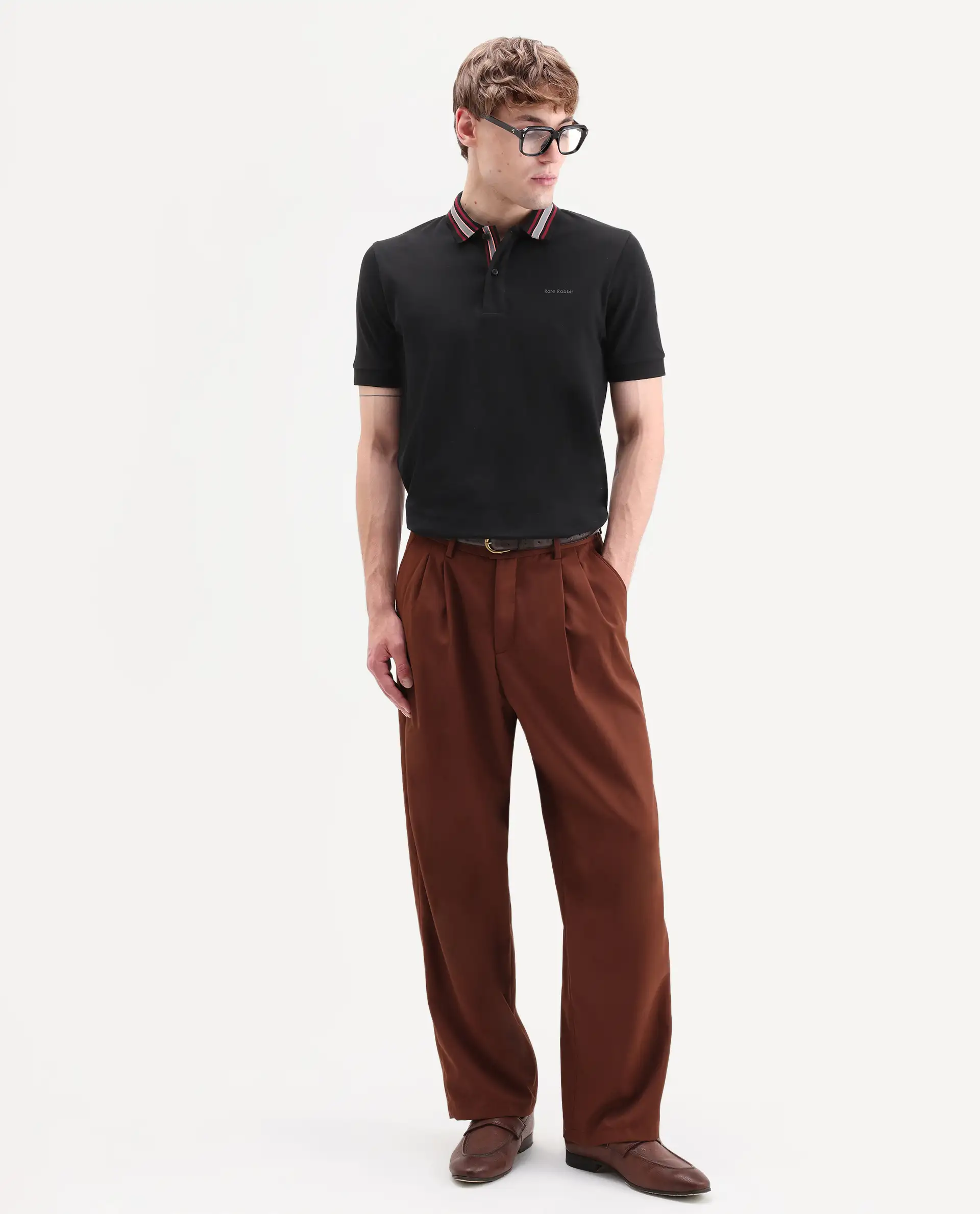 Rare Rabbit Men's Peri Black Cotton Blend Fabric Half Sleeve Spread Collar Regular Fit Plain Polo - Image 2