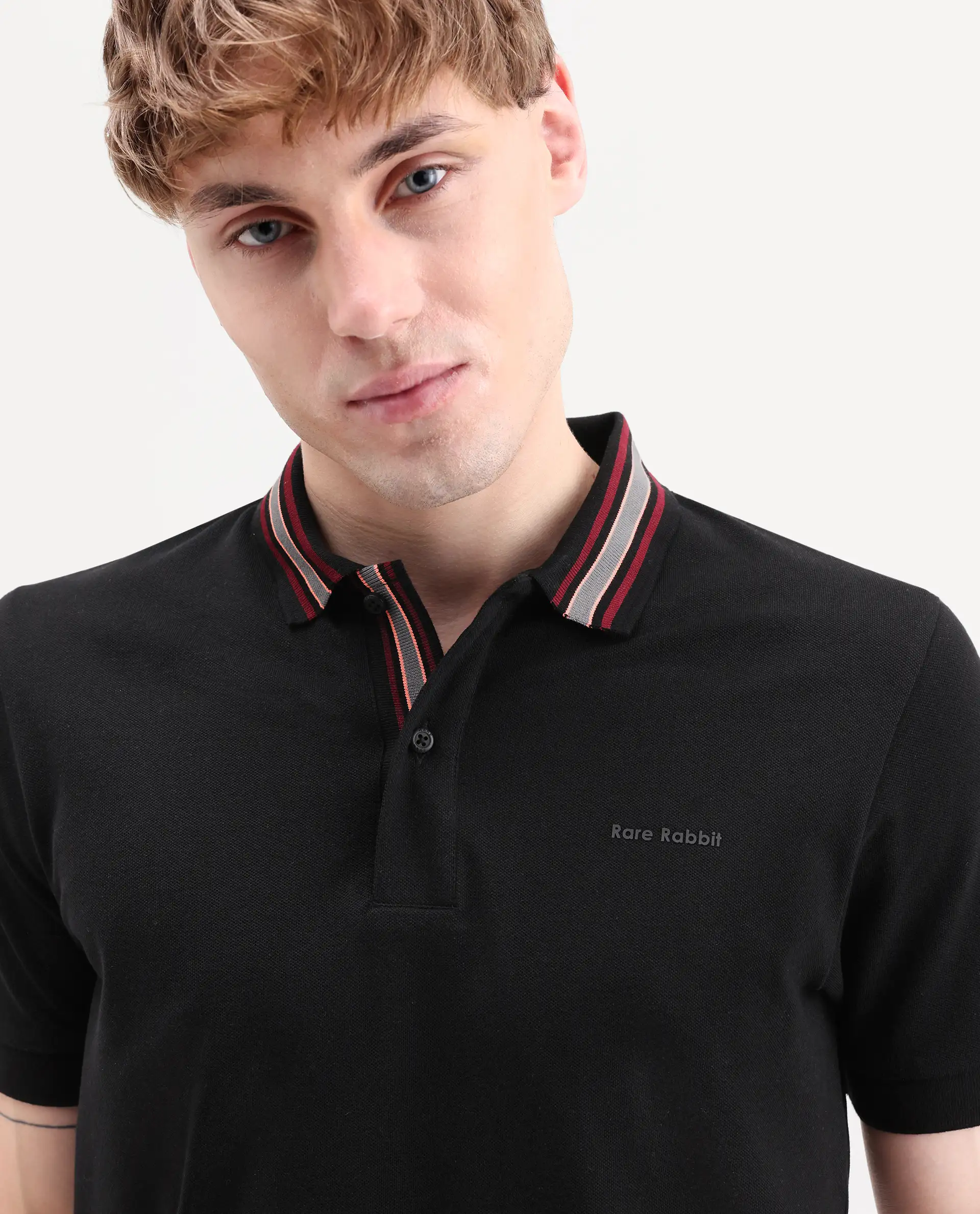 Rare Rabbit Men's Peri Black Cotton Blend Fabric Half Sleeve Spread Collar Regular Fit Plain Polo - Image 3