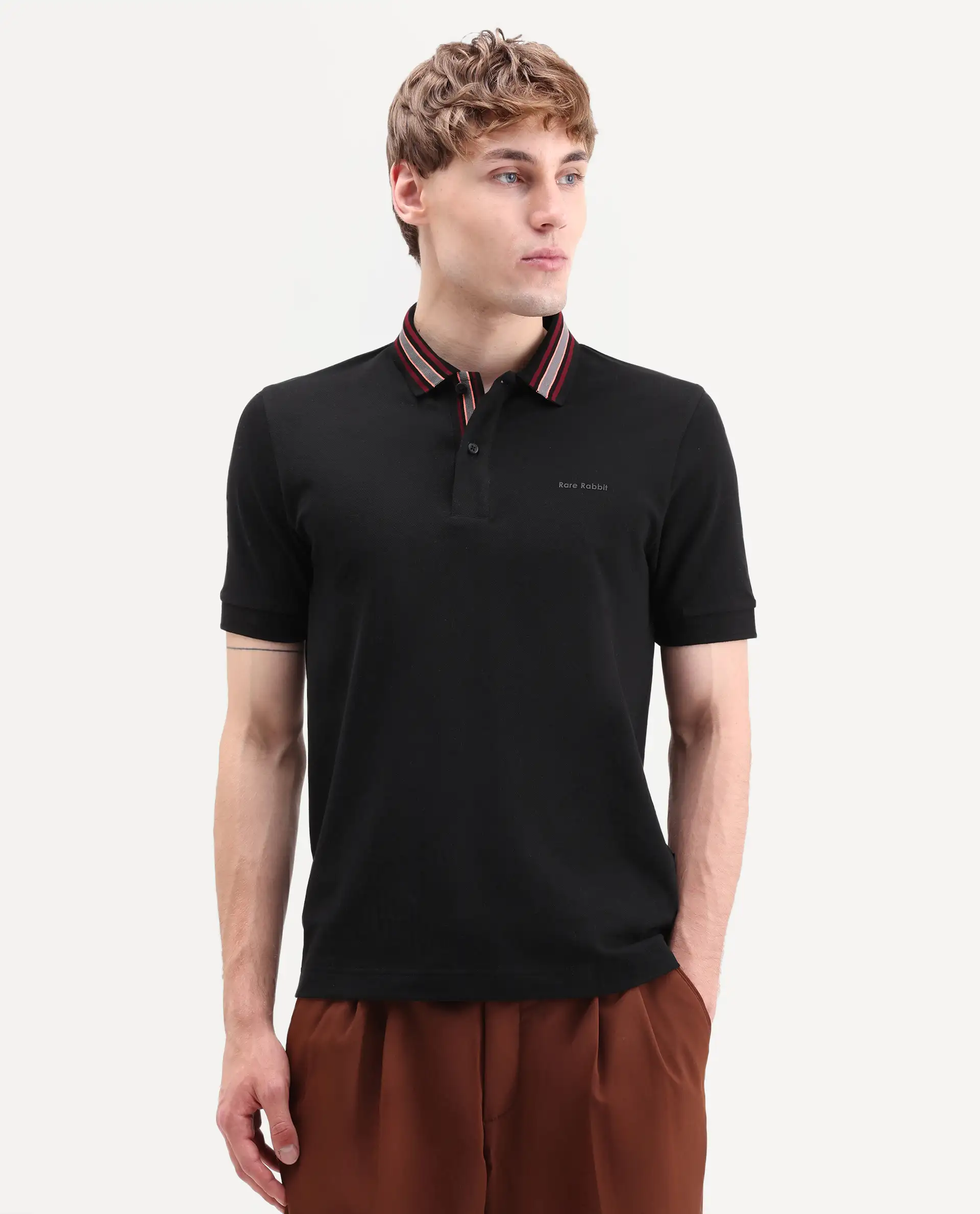 Rare Rabbit Men's Peri Black Cotton Blend Fabric Half Sleeve Spread Collar Regular Fit Plain Polo - Image 4