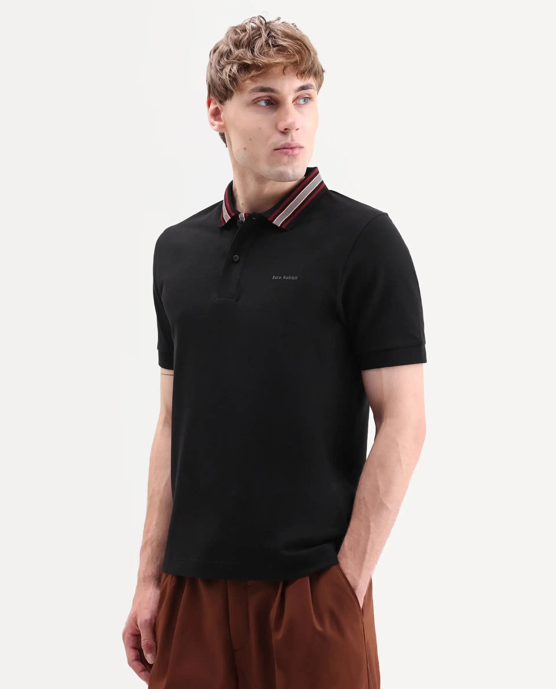 Rare Rabbit Men's Peri Black Cotton Blend Fabric Half Sleeve Spread Collar Regular Fit Plain Polo - Image 5