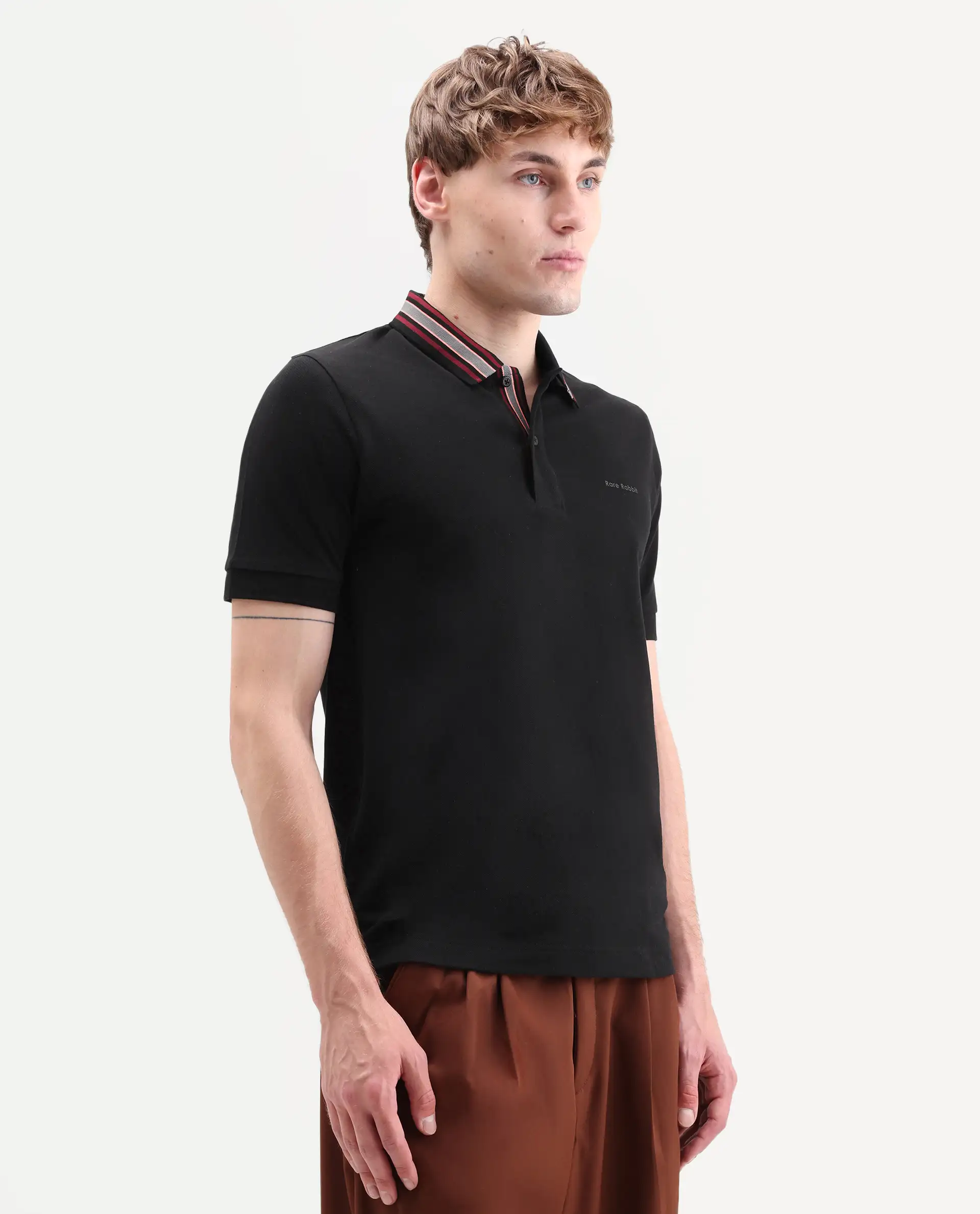 Rare Rabbit Men's Peri Black Cotton Blend Fabric Half Sleeve Spread Collar Regular Fit Plain Polo - Image 6