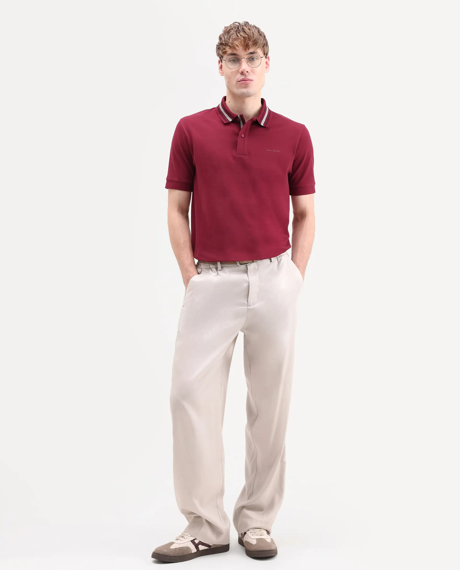 Rare Rabbit Men's Peri Red Cotton Blend Fabric Half Sleeve Spread Collar Regular Fit Plain Polo - Image 2