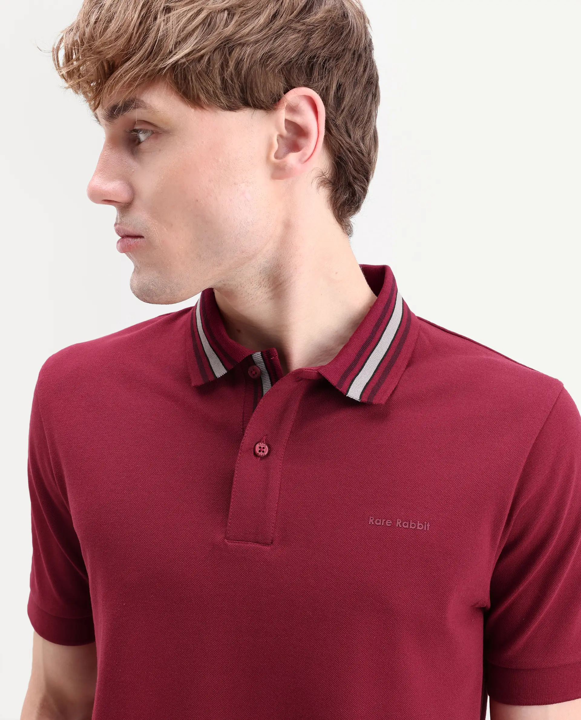 Rare Rabbit Men's Peri Red Cotton Blend Fabric Half Sleeve Spread Collar Regular Fit Plain Polo - Image 3