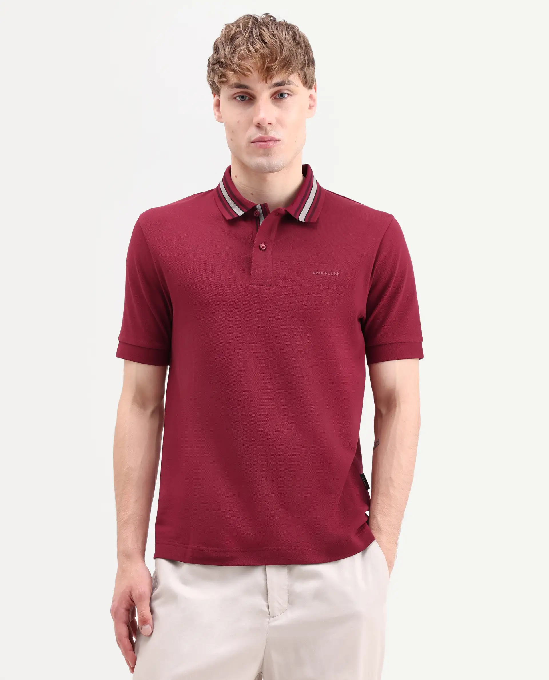 Rare Rabbit Men's Peri Red Cotton Blend Fabric Half Sleeve Spread Collar Regular Fit Plain Polo - Image 4