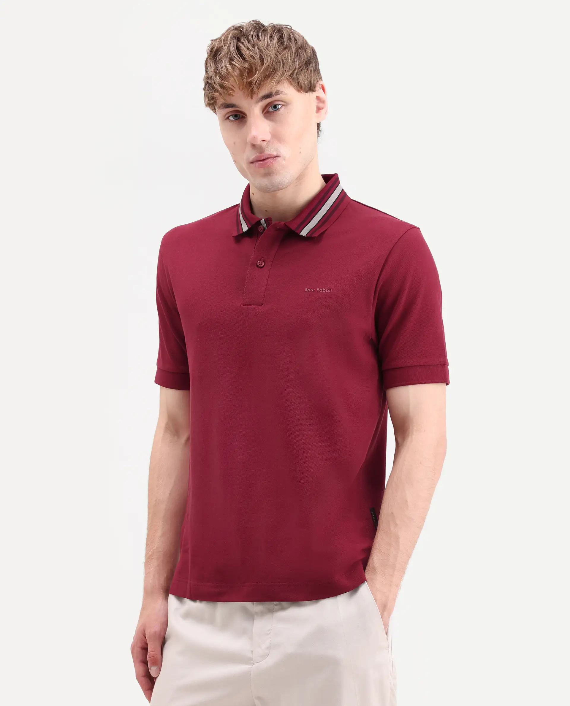 Rare Rabbit Men's Peri Red Cotton Blend Fabric Half Sleeve Spread Collar Regular Fit Plain Polo - Image 5