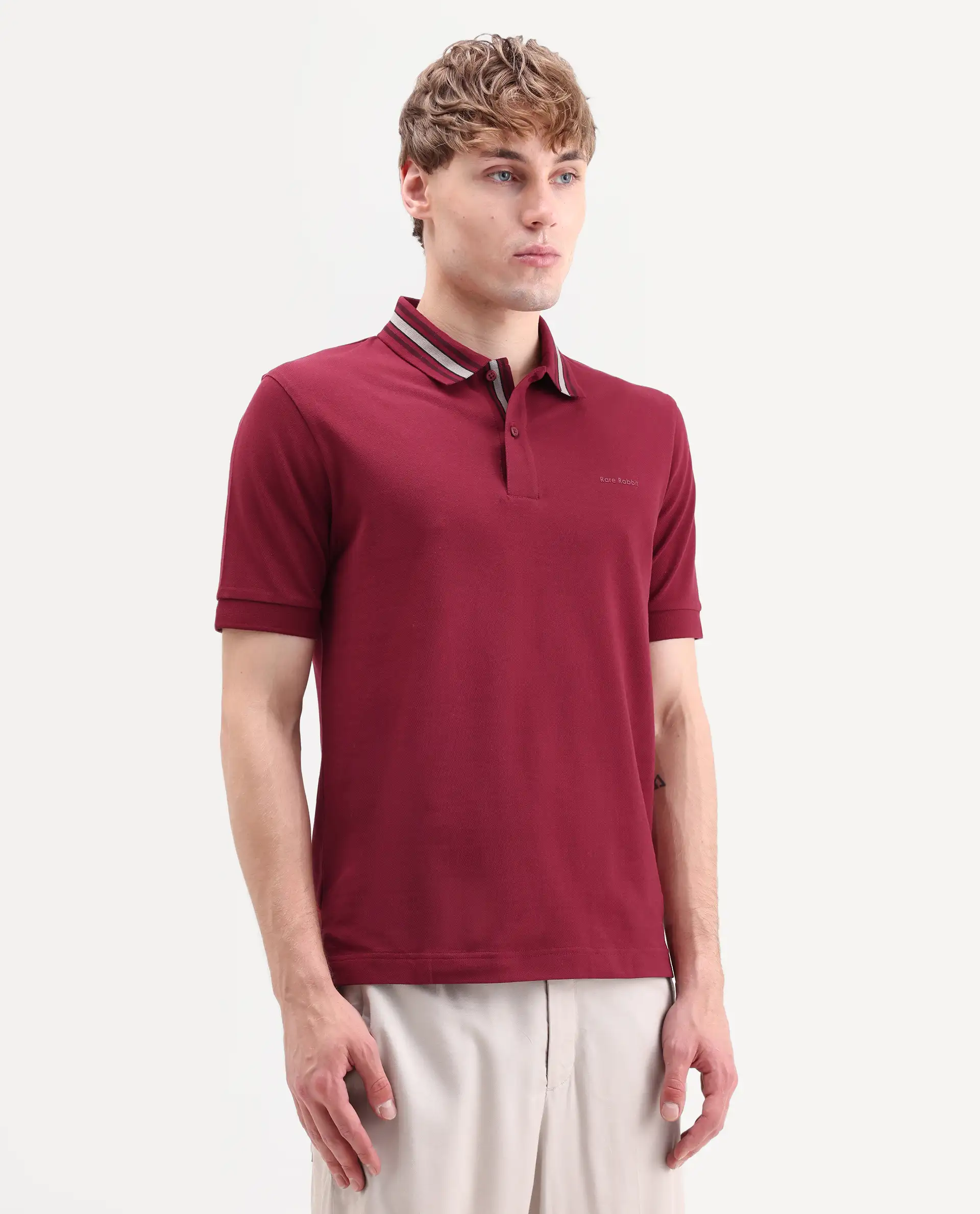 Rare Rabbit Men's Peri Red Cotton Blend Fabric Half Sleeve Spread Collar Regular Fit Plain Polo - Image 6