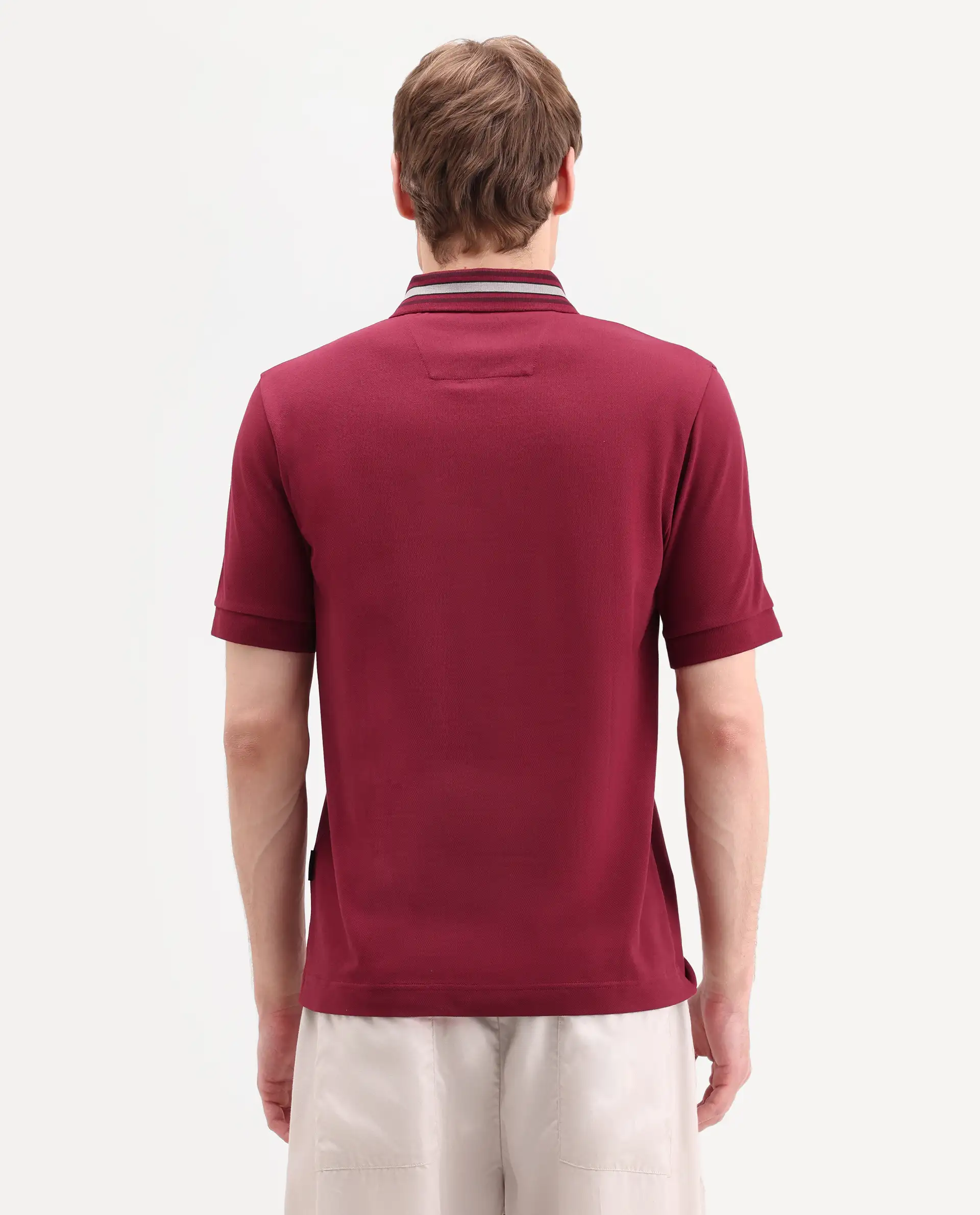 Rare Rabbit Men's Peri Red Cotton Blend Fabric Half Sleeve Spread Collar Regular Fit Plain Polo - Image 7