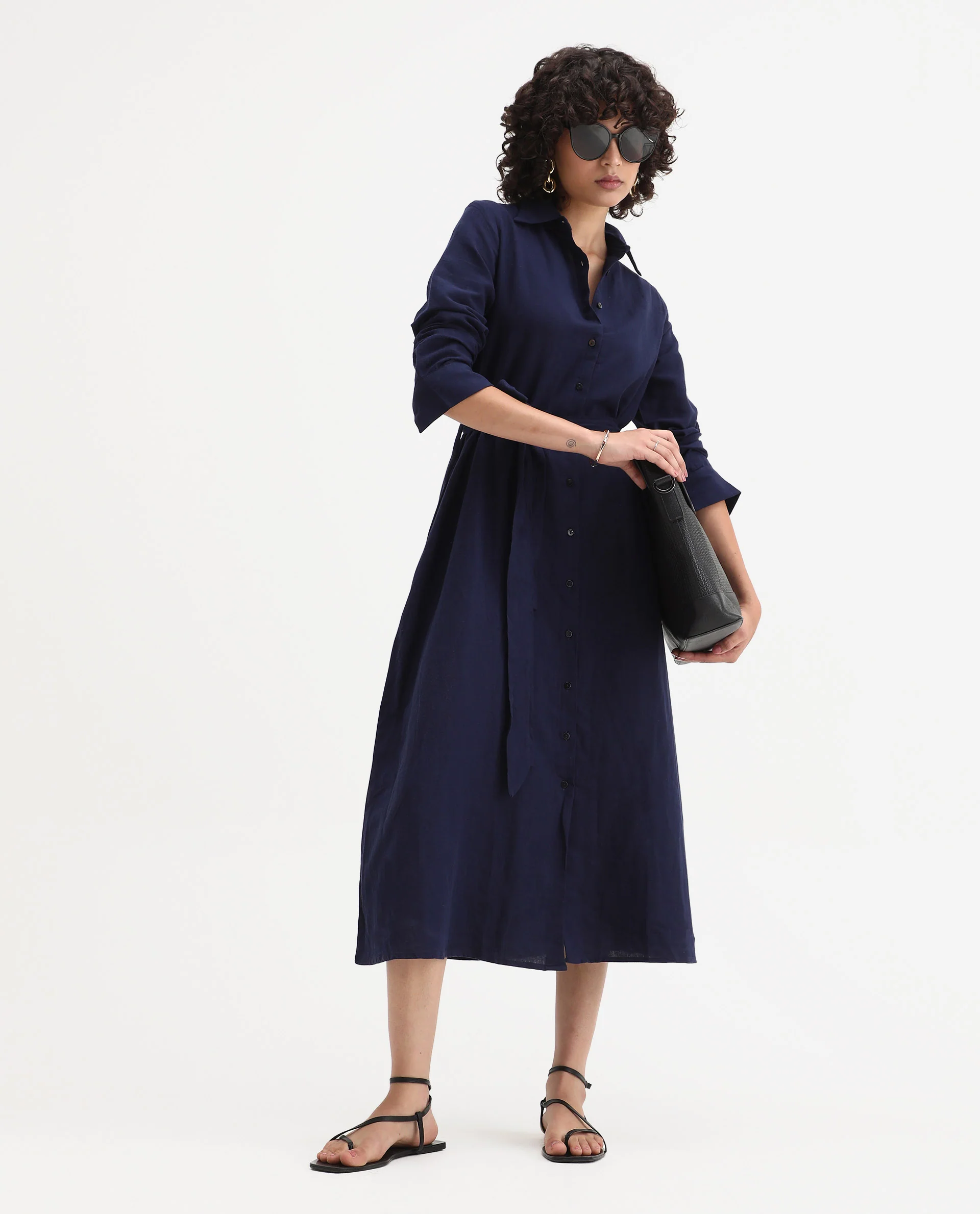 Rareism Women's Perif Dark Navy Cotton Blend Drop Collar Plain Cuffed Sleeve Midi A-Line Dress - Image 2