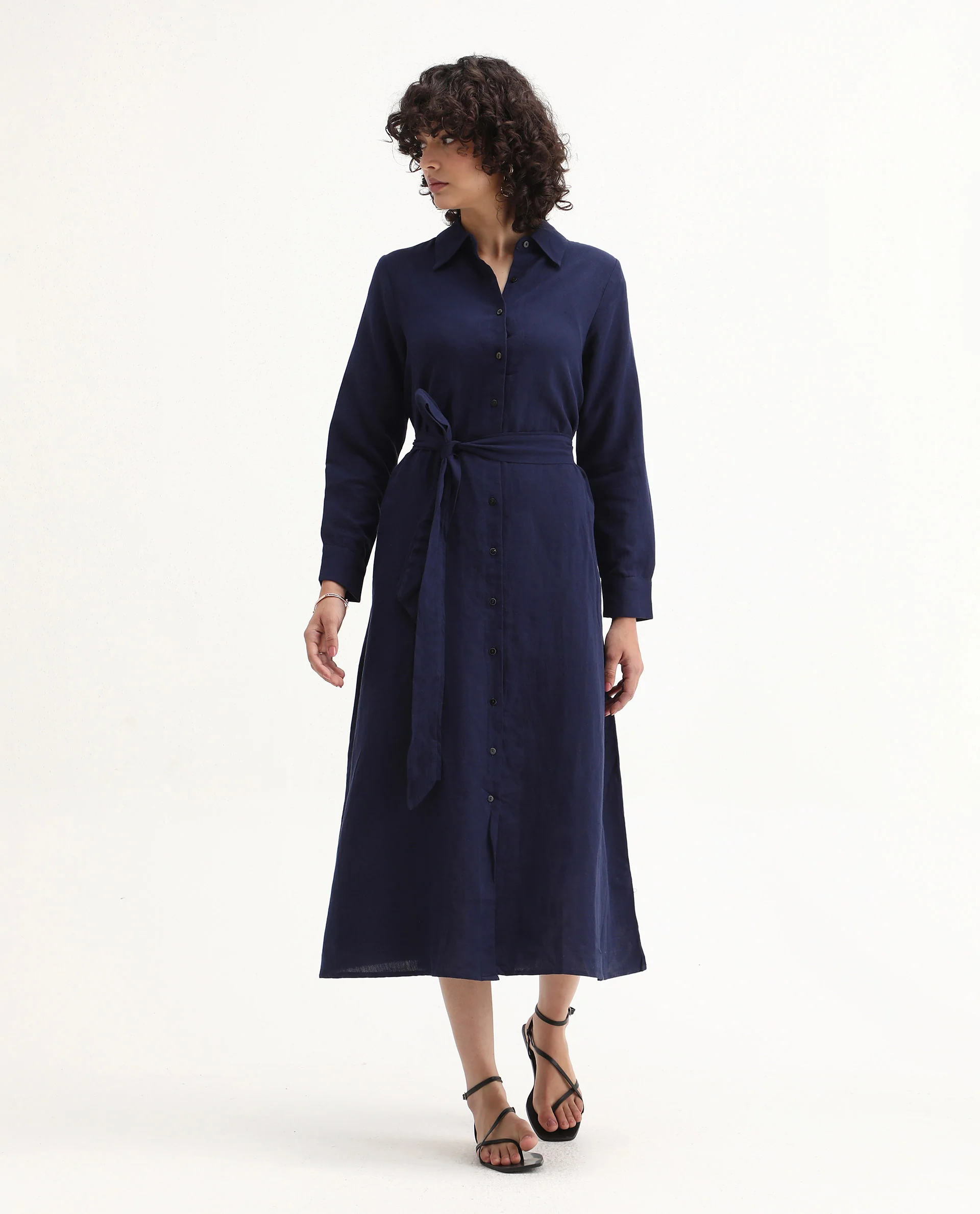 Rareism Women's Perif Dark Navy Cotton Blend Drop Collar Plain Cuffed Sleeve Midi A-Line Dress - Image 3