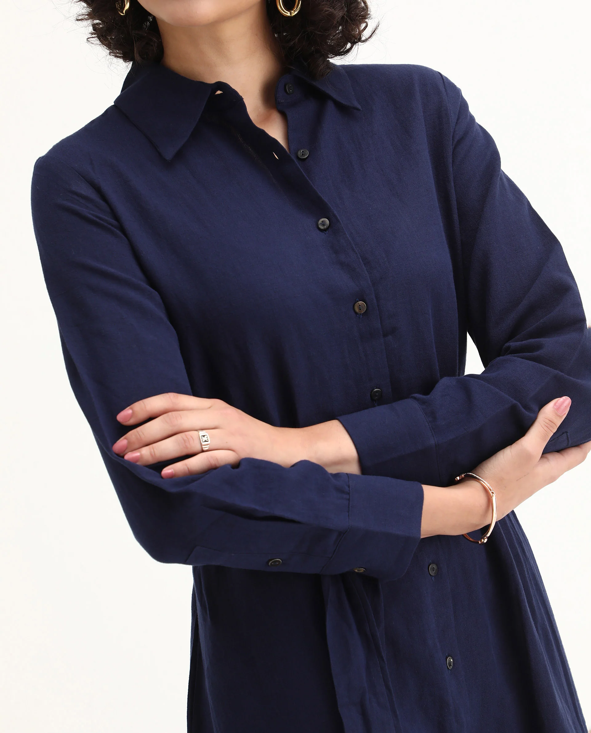 Rareism Women's Perif Dark Navy Cotton Blend Drop Collar Plain Cuffed Sleeve Midi A-Line Dress - Image 4
