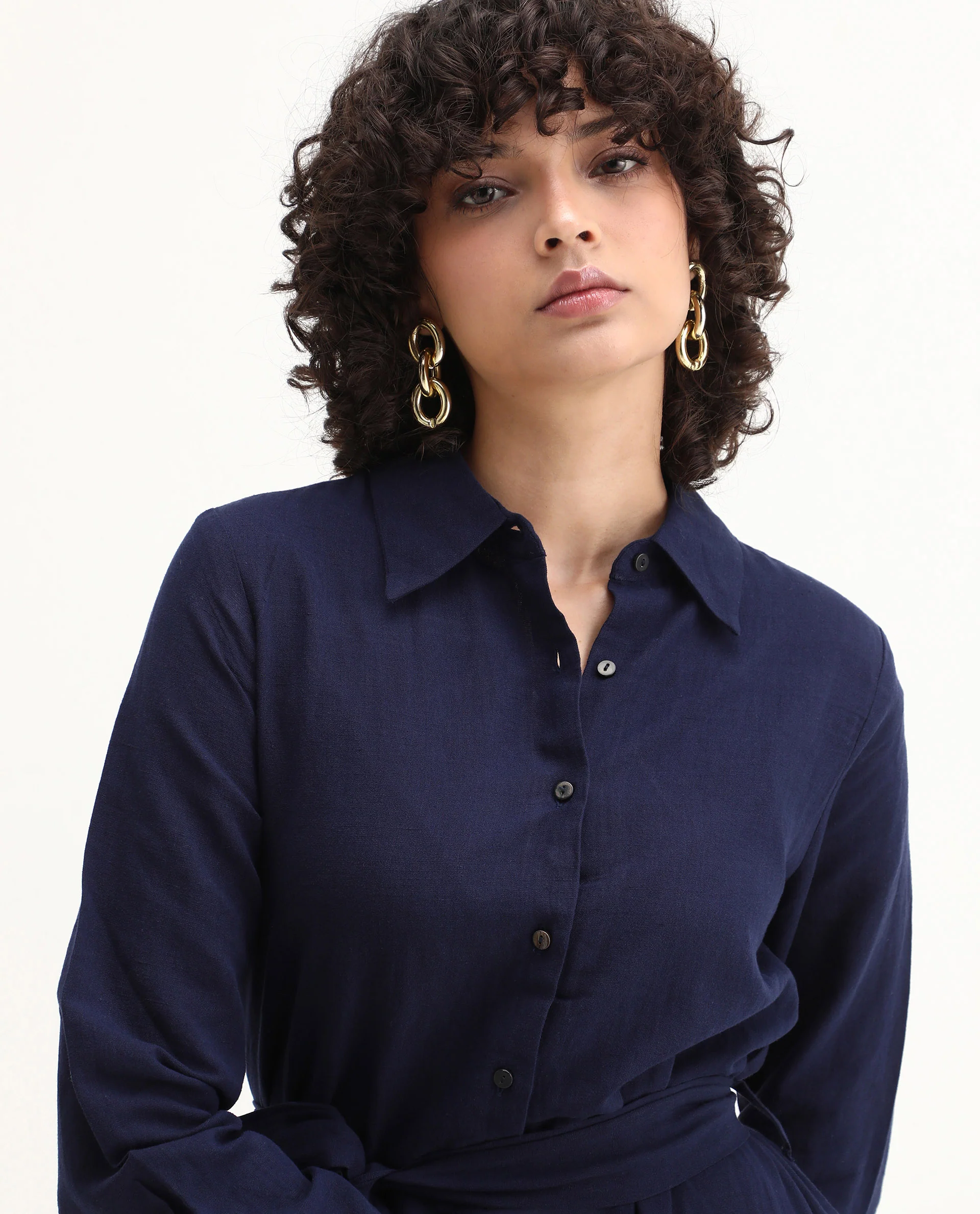 Rareism Women's Perif Dark Navy Cotton Blend Drop Collar Plain Cuffed Sleeve Midi A-Line Dress - Image 5