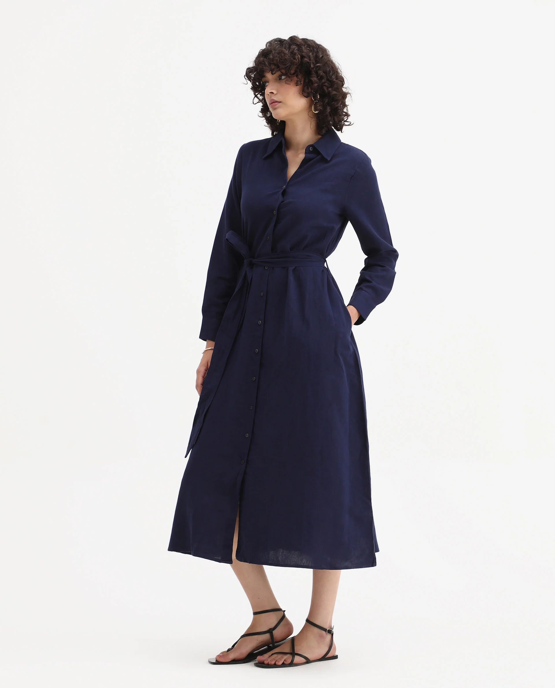 Rareism Women's Perif Dark Navy Cotton Blend Drop Collar Plain Cuffed Sleeve Midi A-Line Dress - Image 6