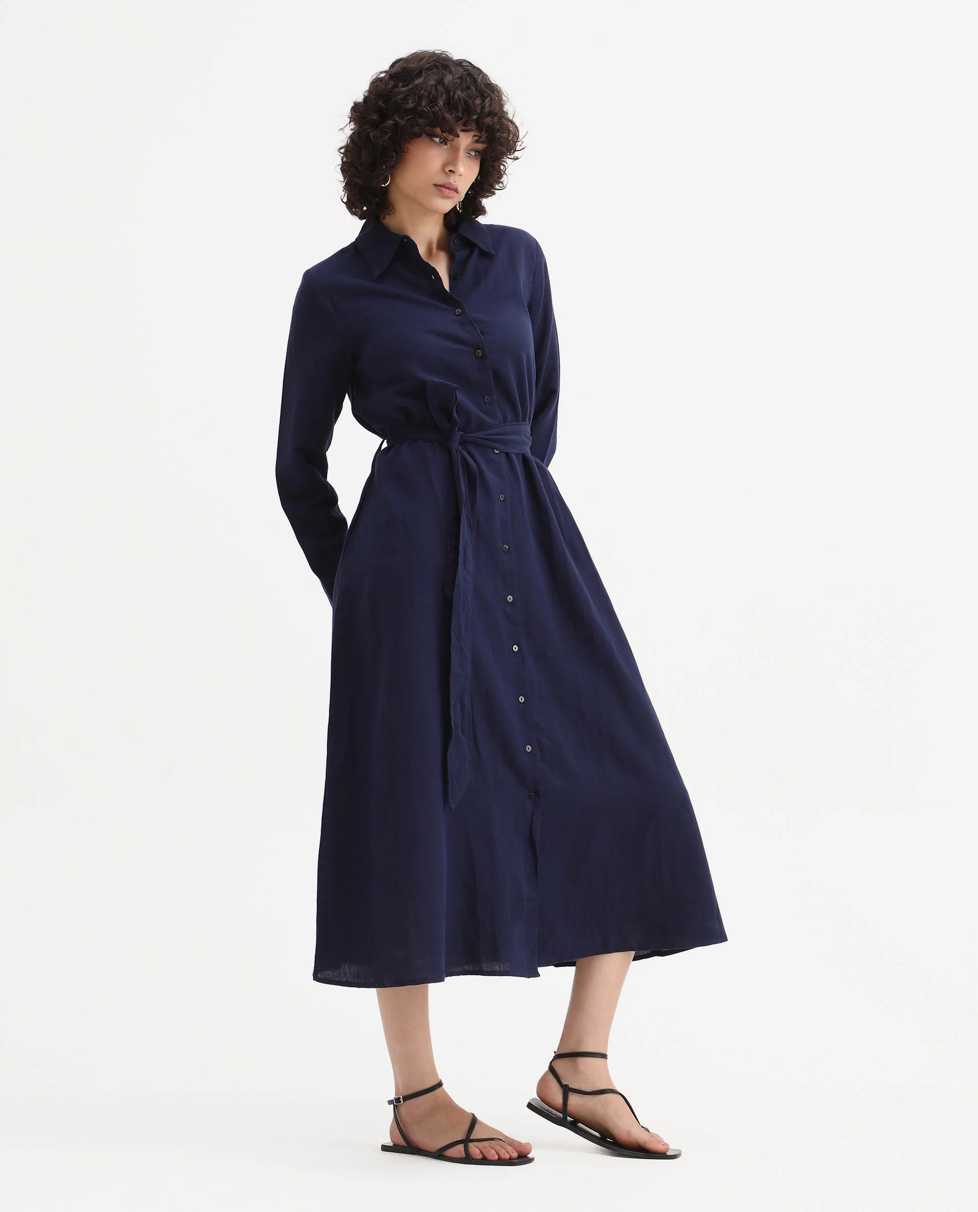 Rareism Women's Perif Dark Navy Cotton Blend Drop Collar Plain Cuffed Sleeve Midi A-Line Dress - Image 7