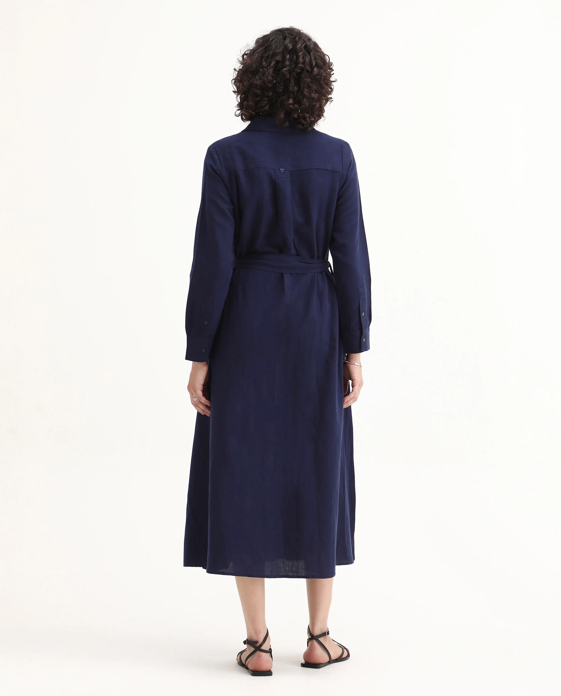 Rareism Women's Perif Dark Navy Cotton Blend Drop Collar Plain Cuffed Sleeve Midi A-Line Dress - Image 8