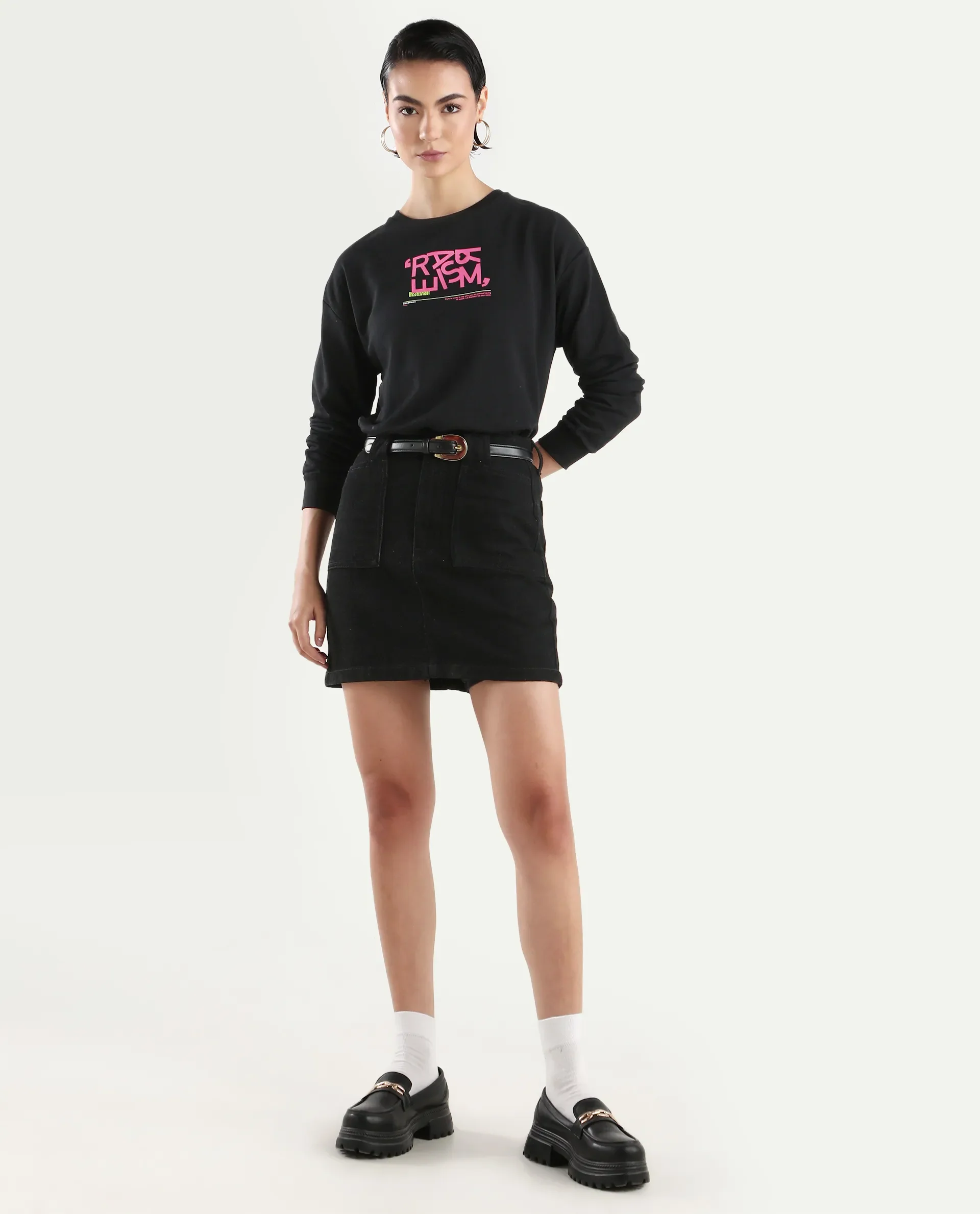 Rareism Women's Perio Black Cotton Blend Crew Neck Graphic Print Regular Fit Sweatshirt - Image 2