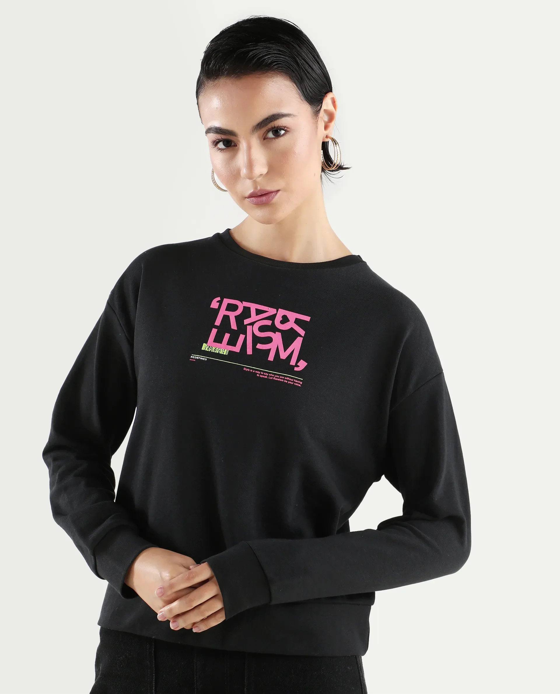 Rareism Women's Perio Black Cotton Blend Crew Neck Graphic Print Regular Fit Sweatshirt - Image 3