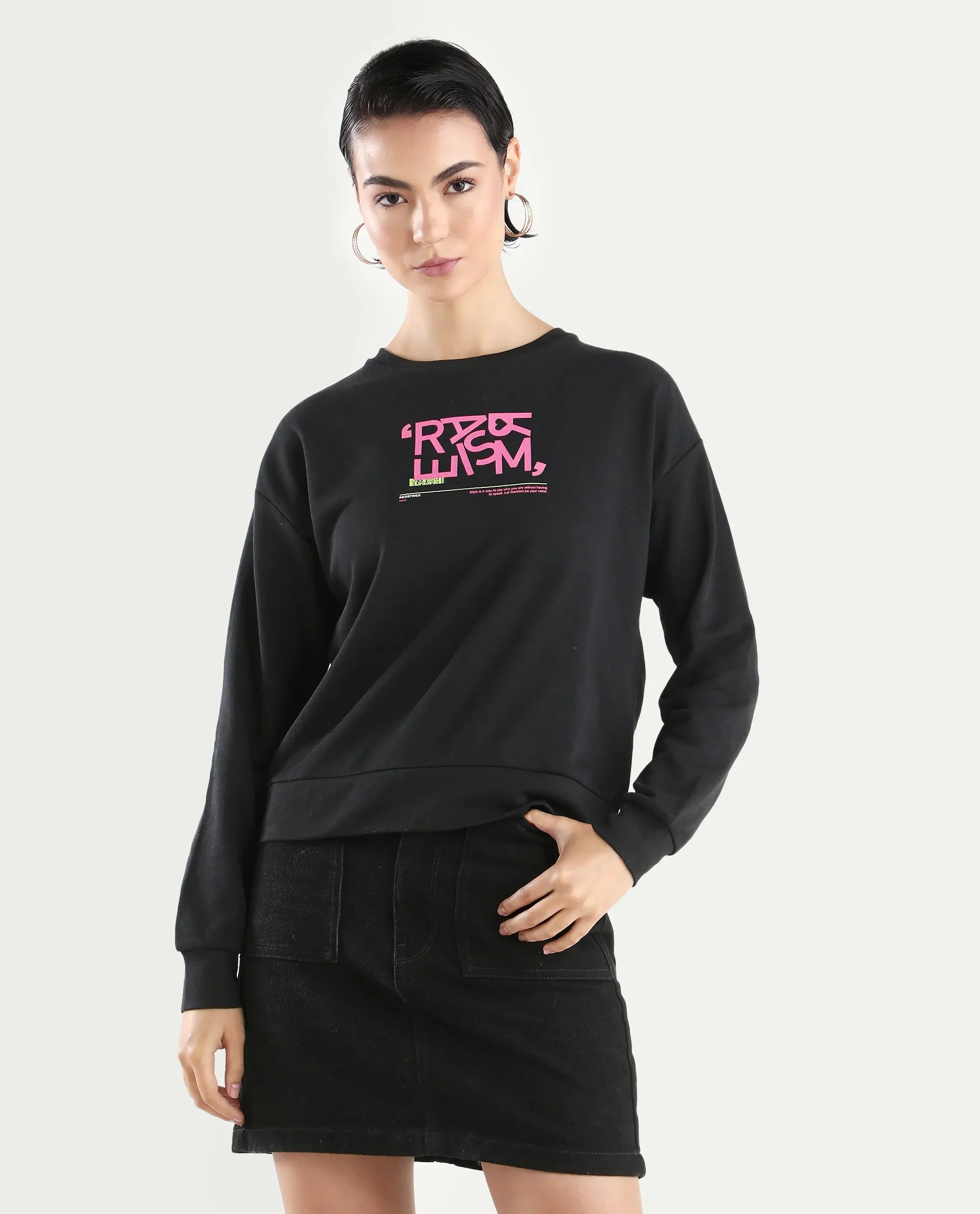 Rareism Women's Perio Black Cotton Blend Crew Neck Graphic Print Regular Fit Sweatshirt - Image 4