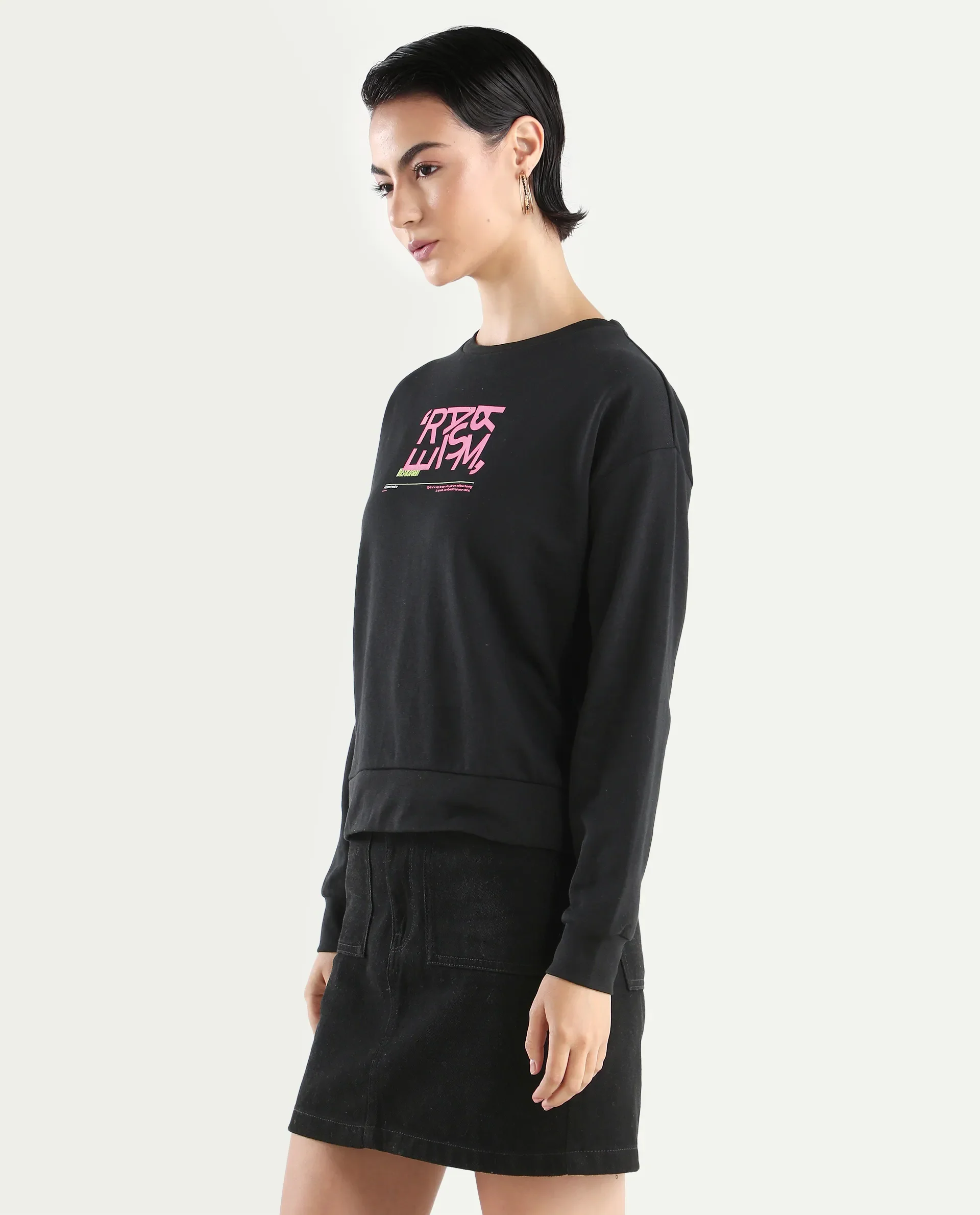 Rareism Women's Perio Black Cotton Blend Crew Neck Graphic Print Regular Fit Sweatshirt - Image 5