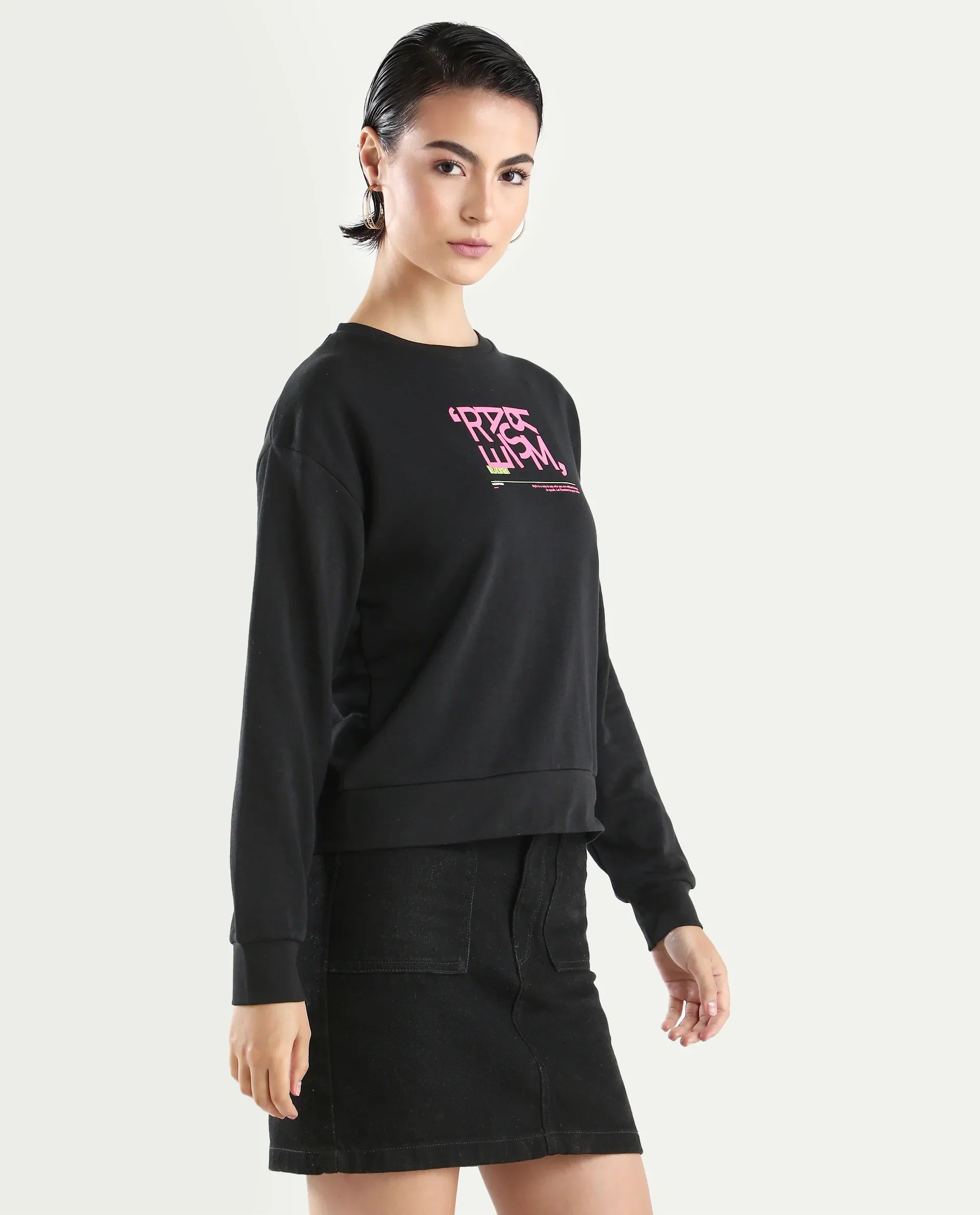 Rareism Women's Perio Black Cotton Blend Crew Neck Graphic Print Regular Fit Sweatshirt - Image 6