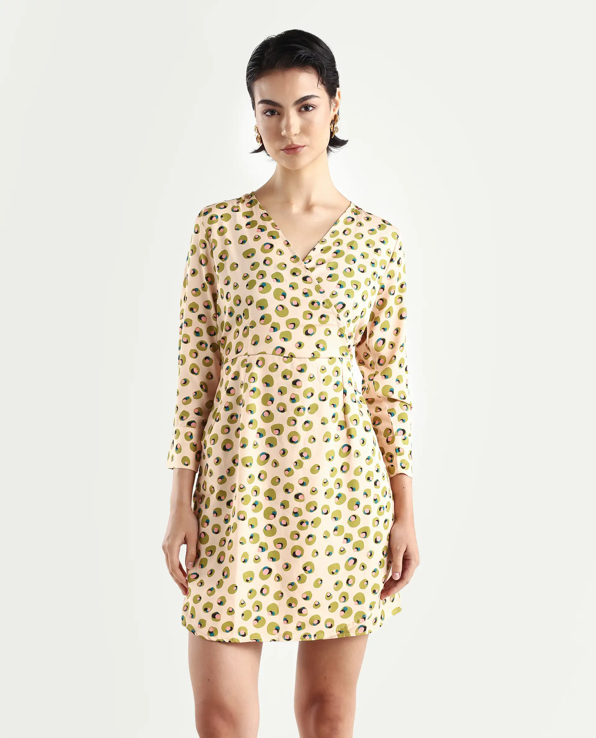 Rareism Women's Perk Peach Collarless Abstract Print Knee Length Regular Fit Dress - Image 3