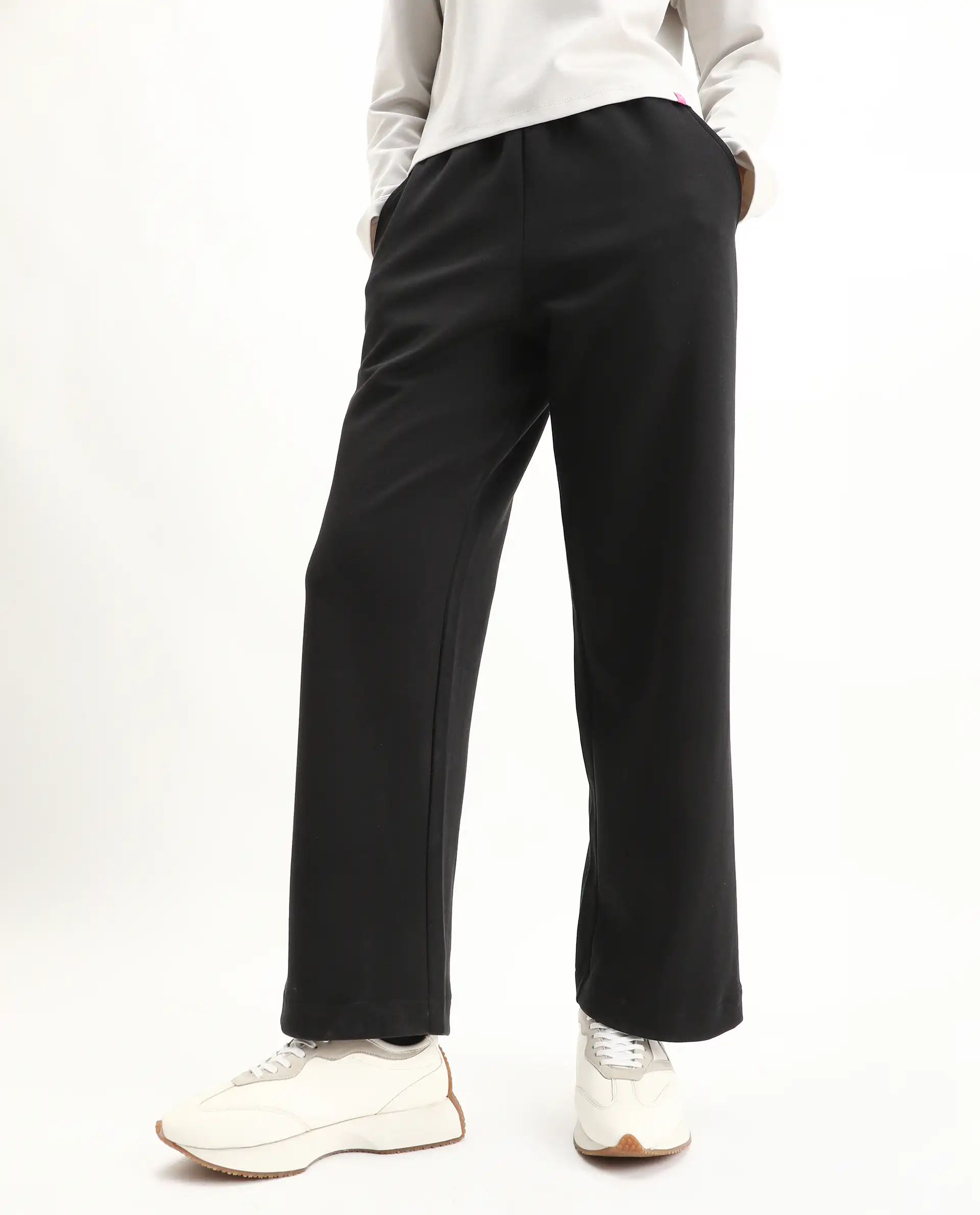 Rareism Women's Perk Black Cotton Blend Wide Ankle Length Printed Track Pant - Image 2
