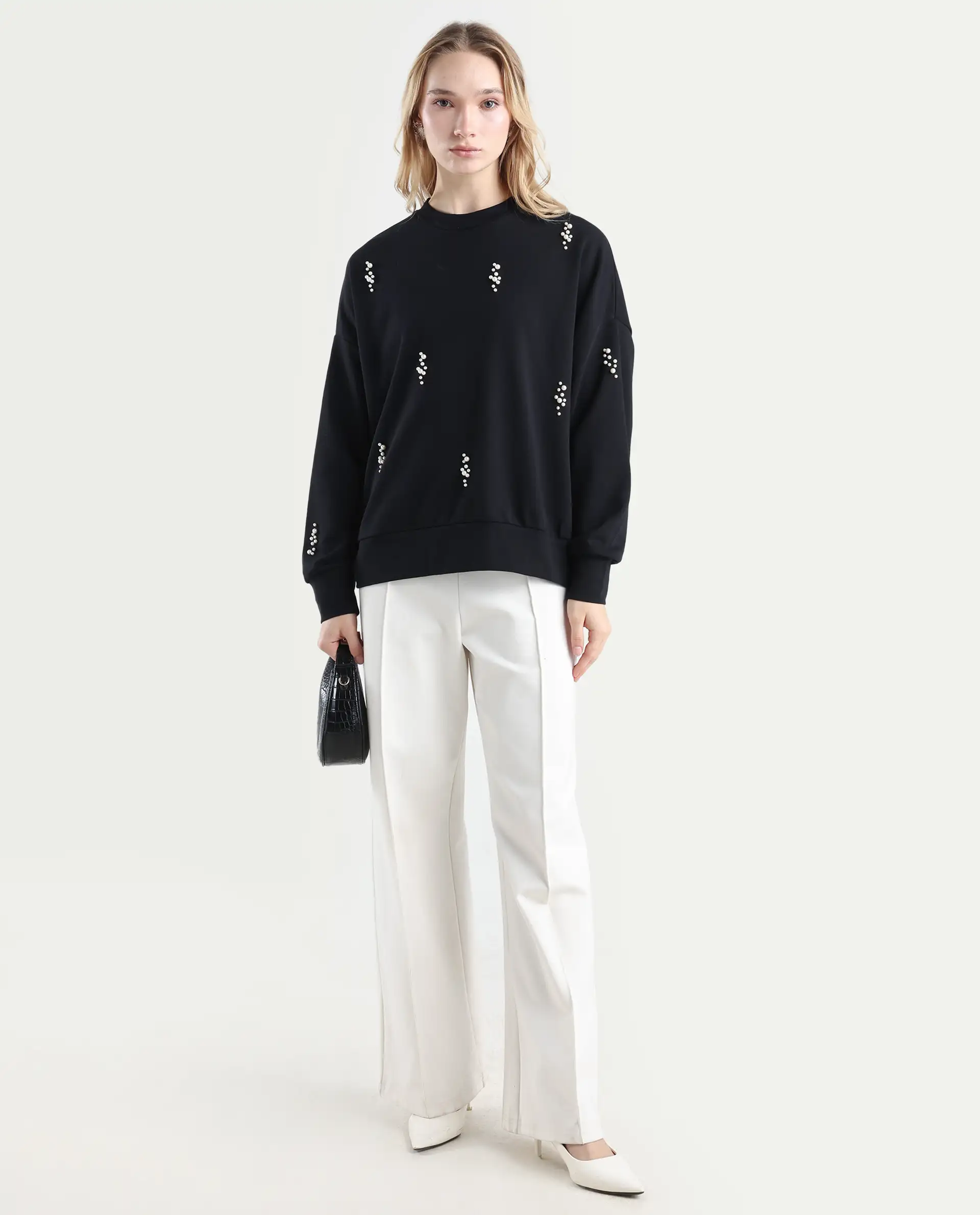 Rareism Women's Perl Black Cotton Blend Crew Neck Relaxed Fit Printed Sweatshirt - Image 2