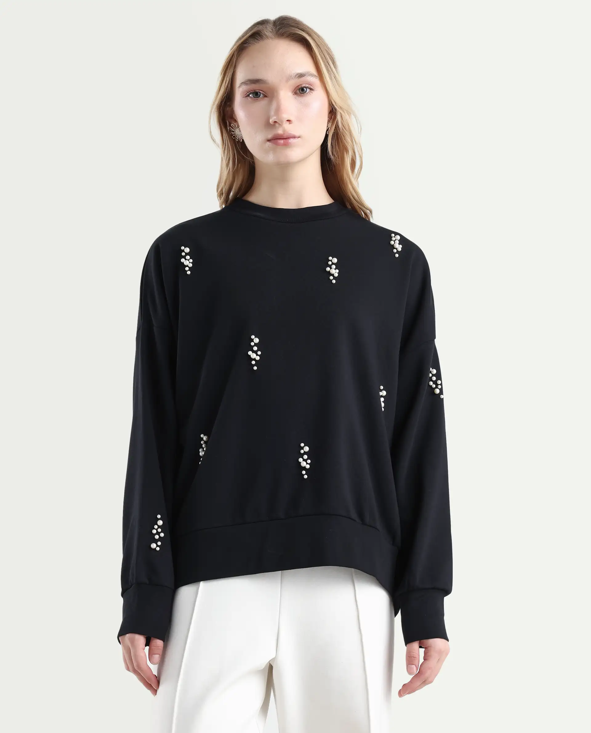 Rareism Women's Perl Black Cotton Blend Crew Neck Relaxed Fit Printed Sweatshirt - Image 3