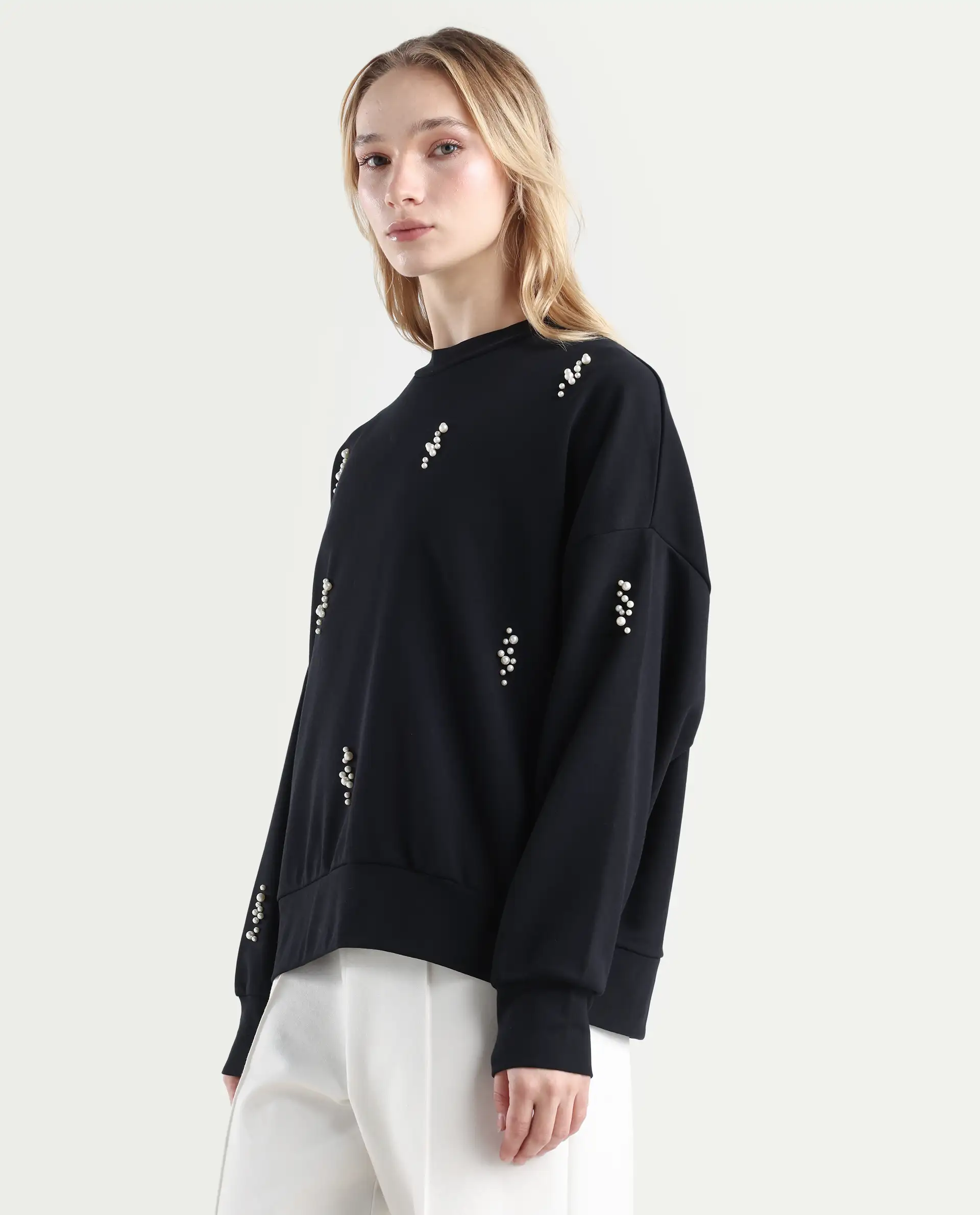 Rareism Women's Perl Black Cotton Blend Crew Neck Relaxed Fit Printed Sweatshirt - Image 5
