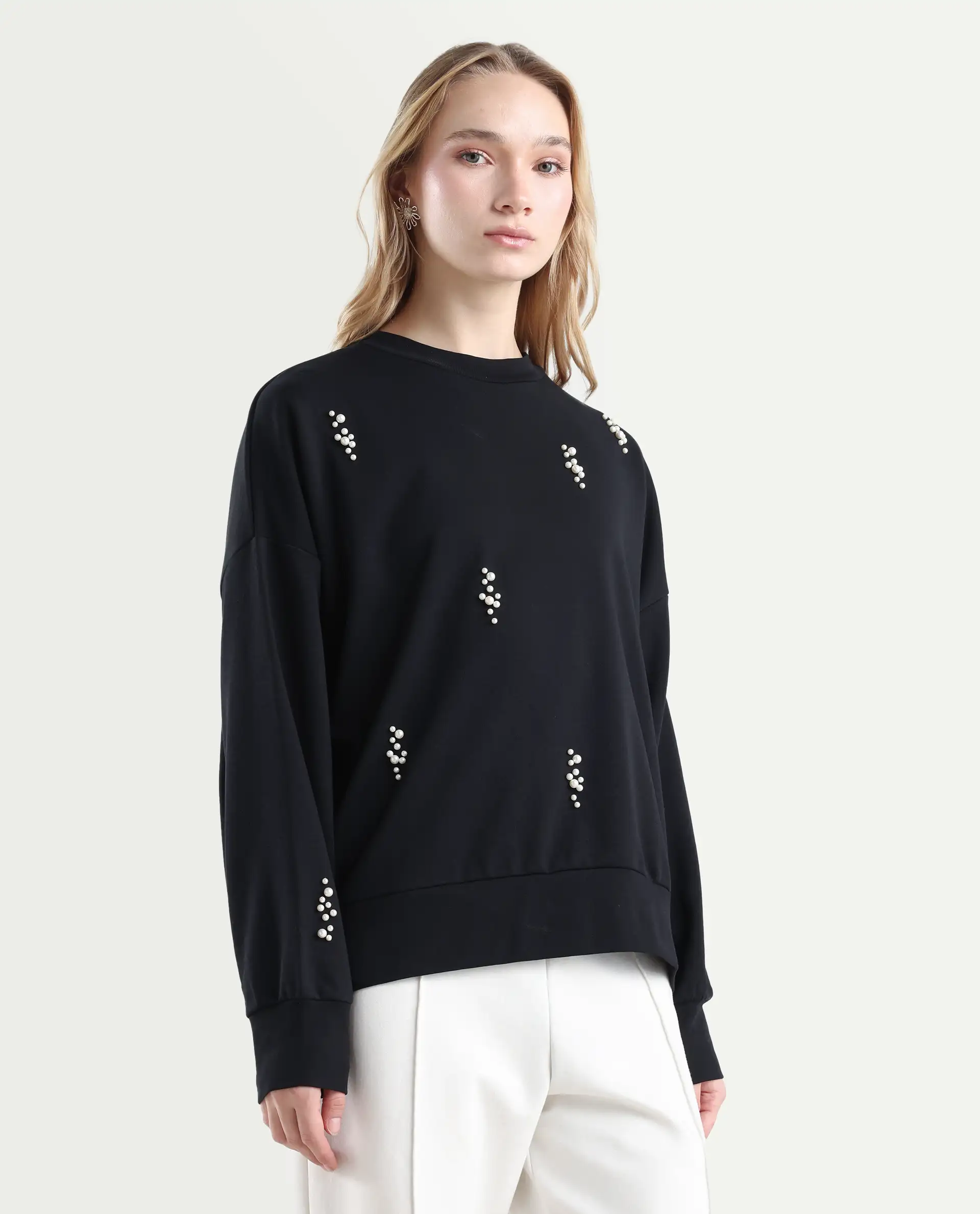 Rareism Women's Perl Black Cotton Blend Crew Neck Relaxed Fit Printed Sweatshirt - Image 6