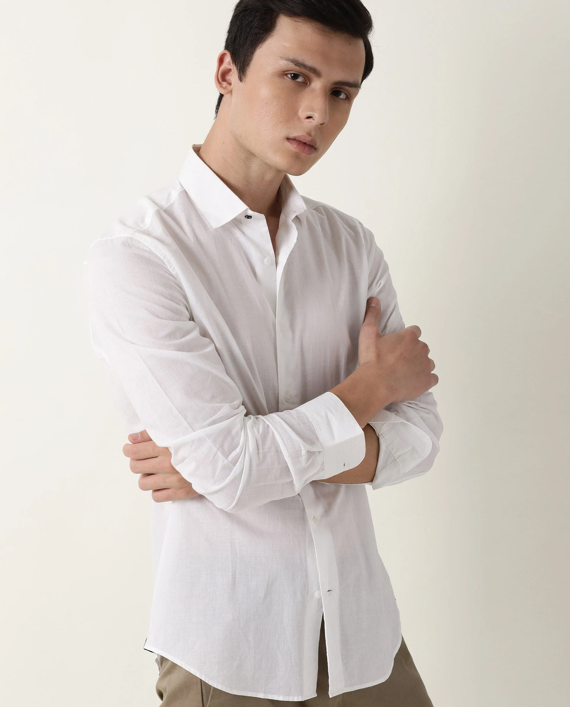 Rare Rabbit Men's Perly White Cotton Plain Regular Fit Full Sleeve Spread Collar Shirt - Image 3