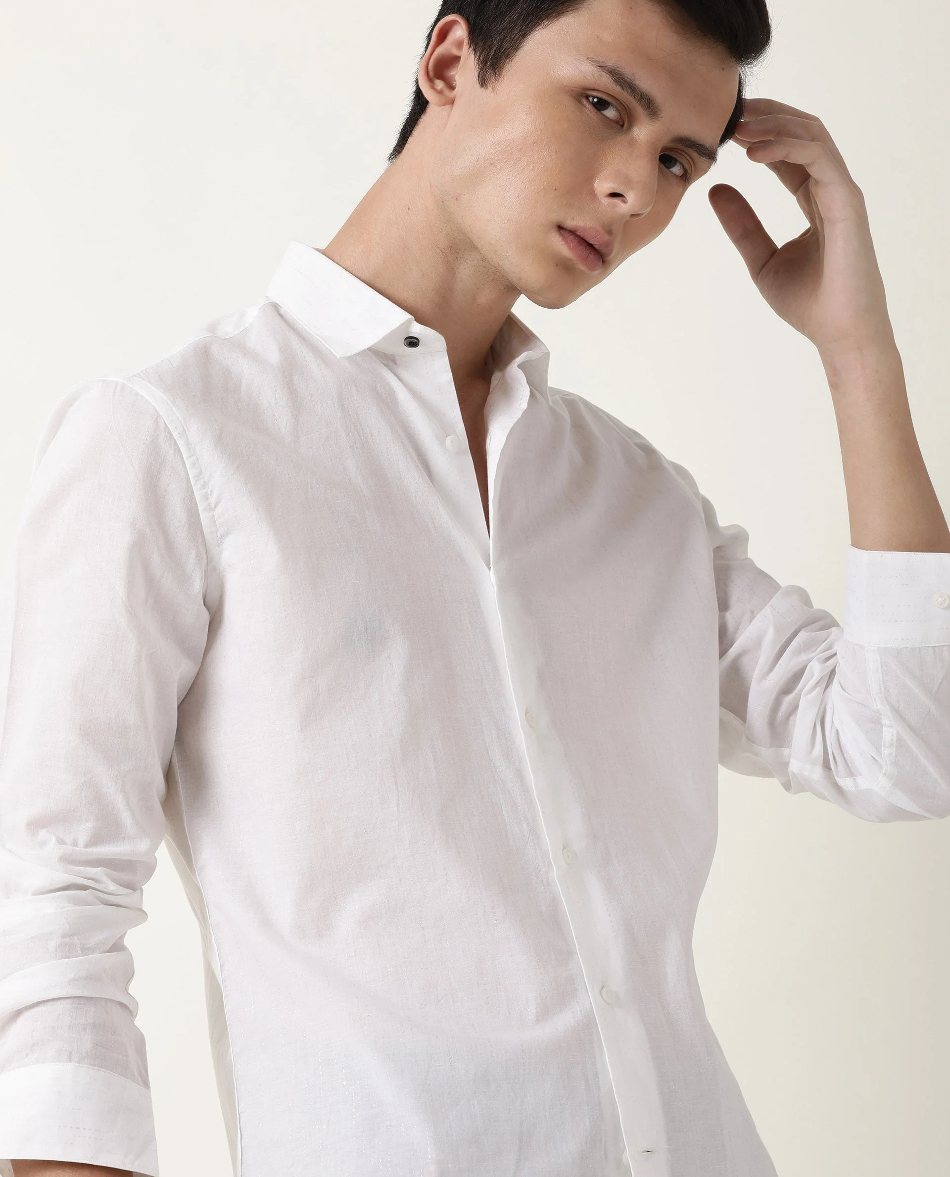Rare Rabbit Men's Perly White Cotton Plain Regular Fit Full Sleeve Spread Collar Shirt - Image 5