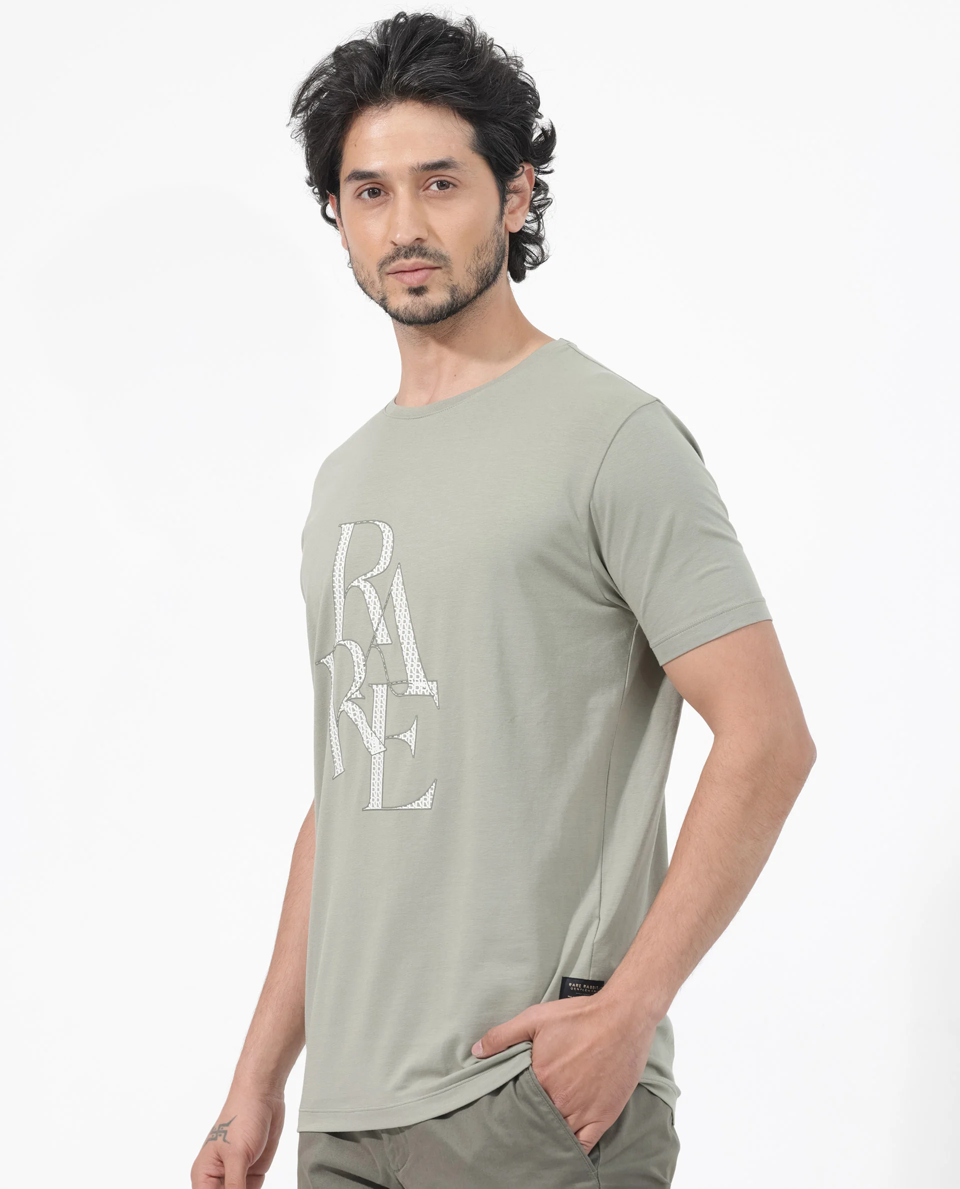 Rare Rabbit Articale Mens Perrin Dusky Green Cotton Polyester Fabric Short Sleeve Crew Neck Slim Fit Graphic Printed T-Shirt - Image 3