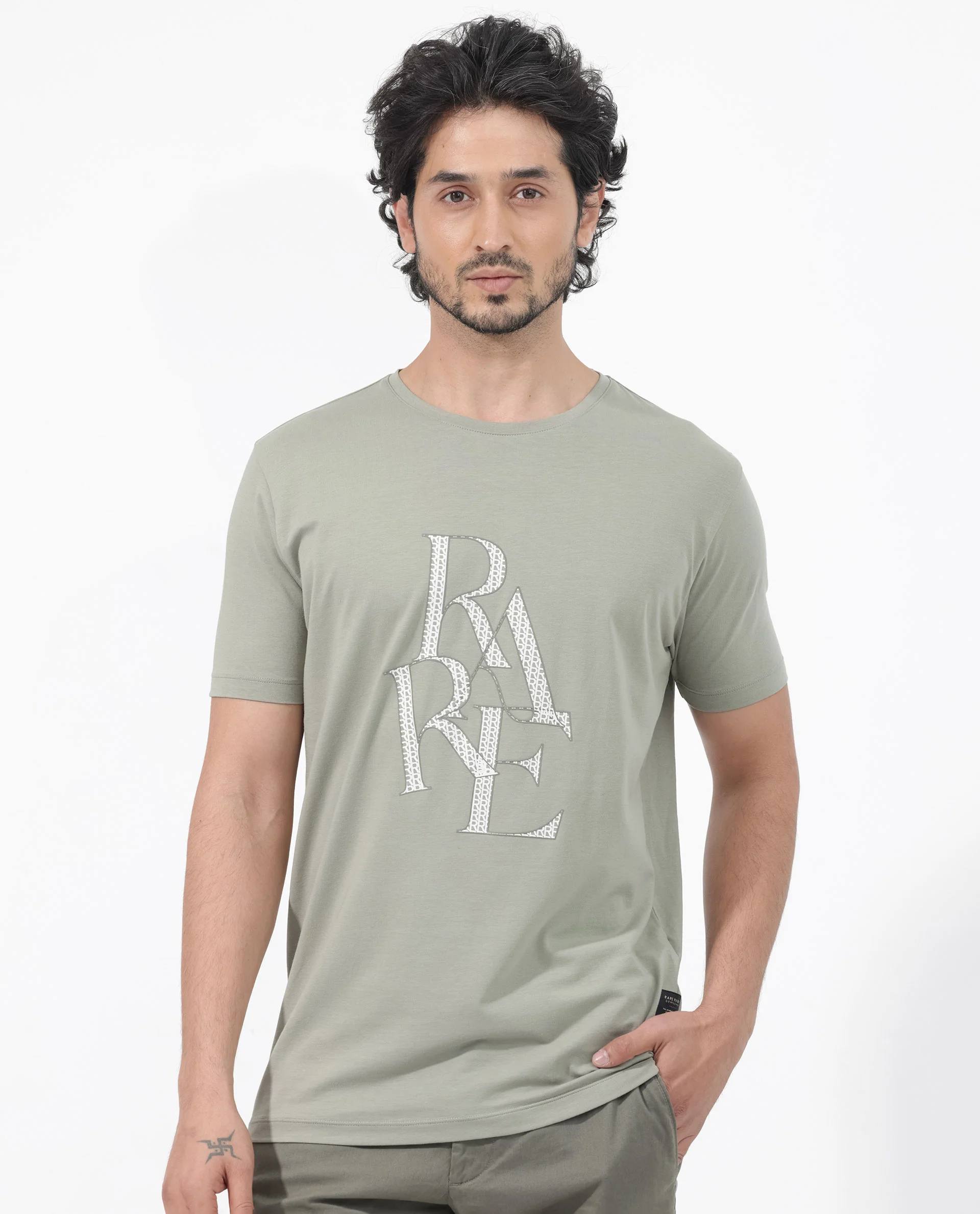 Rare Rabbit Articale Mens Perrin Dusky Green Cotton Polyester Fabric Short Sleeve Crew Neck Slim Fit Graphic Printed T-Shirt - Image 7
